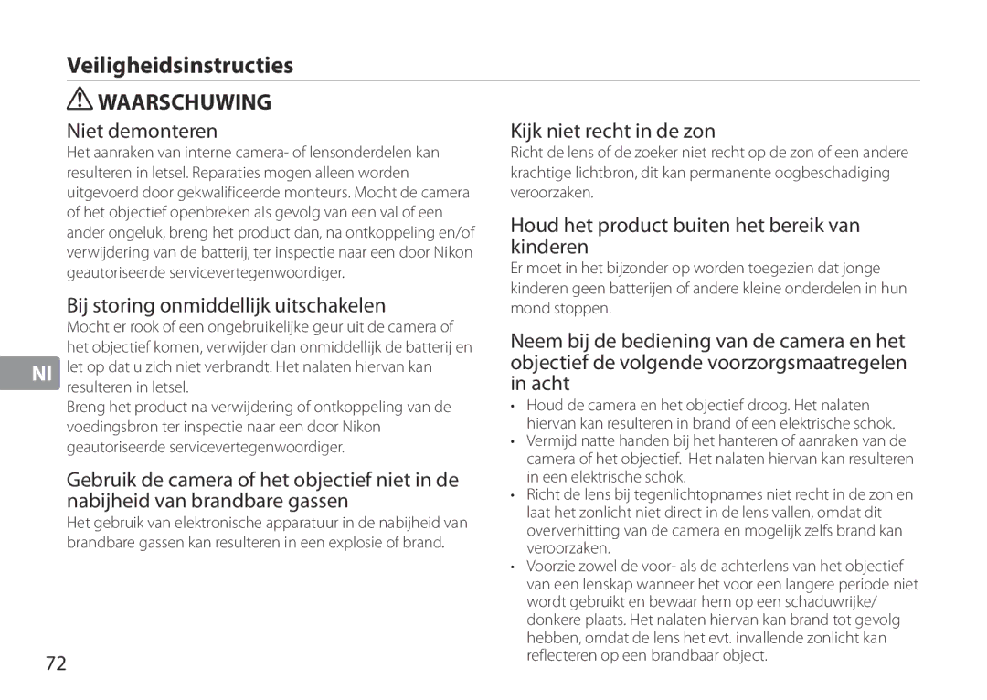 Nikon TC-20E III Veiligheidsinstructies, Niet demonteren, Bij storing onmiddellijk uitschakelen, Kijk niet recht in de zon 