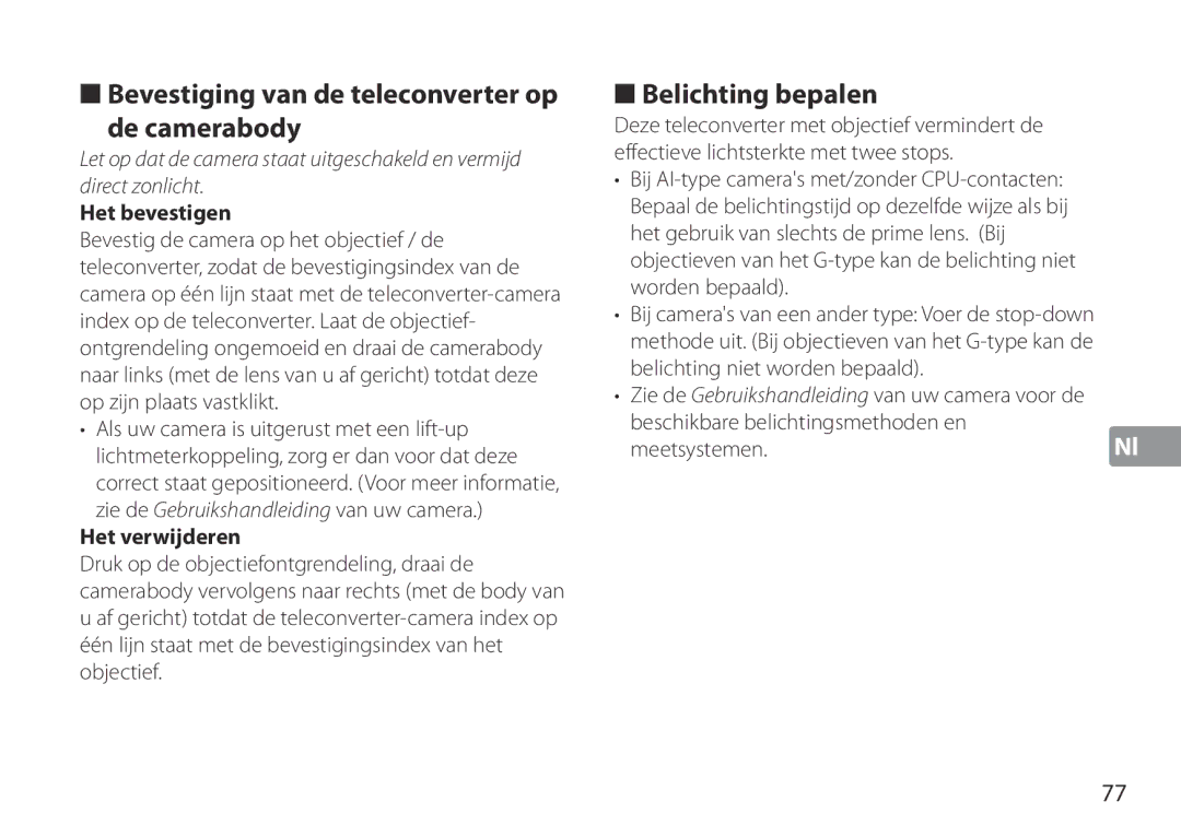 Nikon TC-20E III manual Bevestiging van de teleconverter op De camerabody, Belichting bepalen 