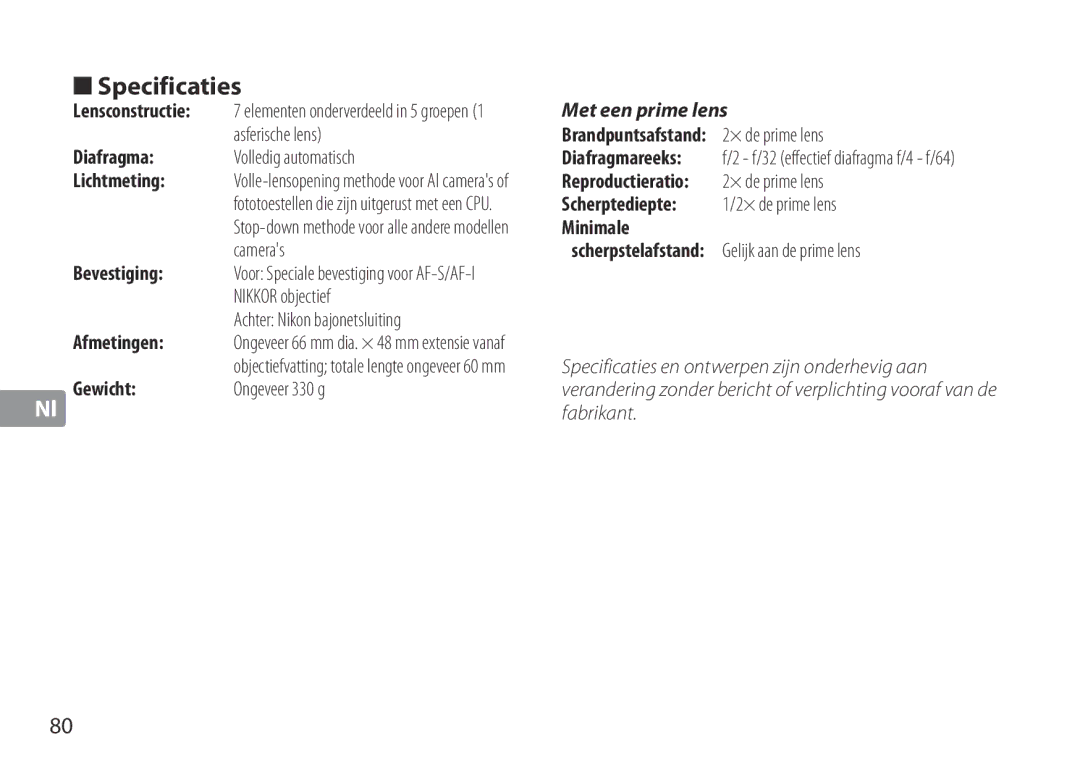 Nikon TC-20E III manual Specificaties, Diafragma, Lichtmeting, Minimale Bevestiging, Afmetingen 