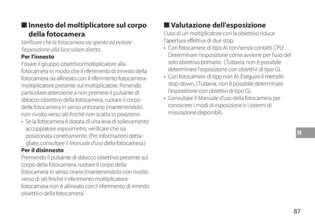 Nikon TC-20E III manual Innesto del moltiplicatore sul corpo Della fotocamera, Valutazione dellesposizione 