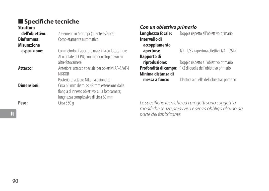 Nikon TC-20E III manual Specifiche tecniche 