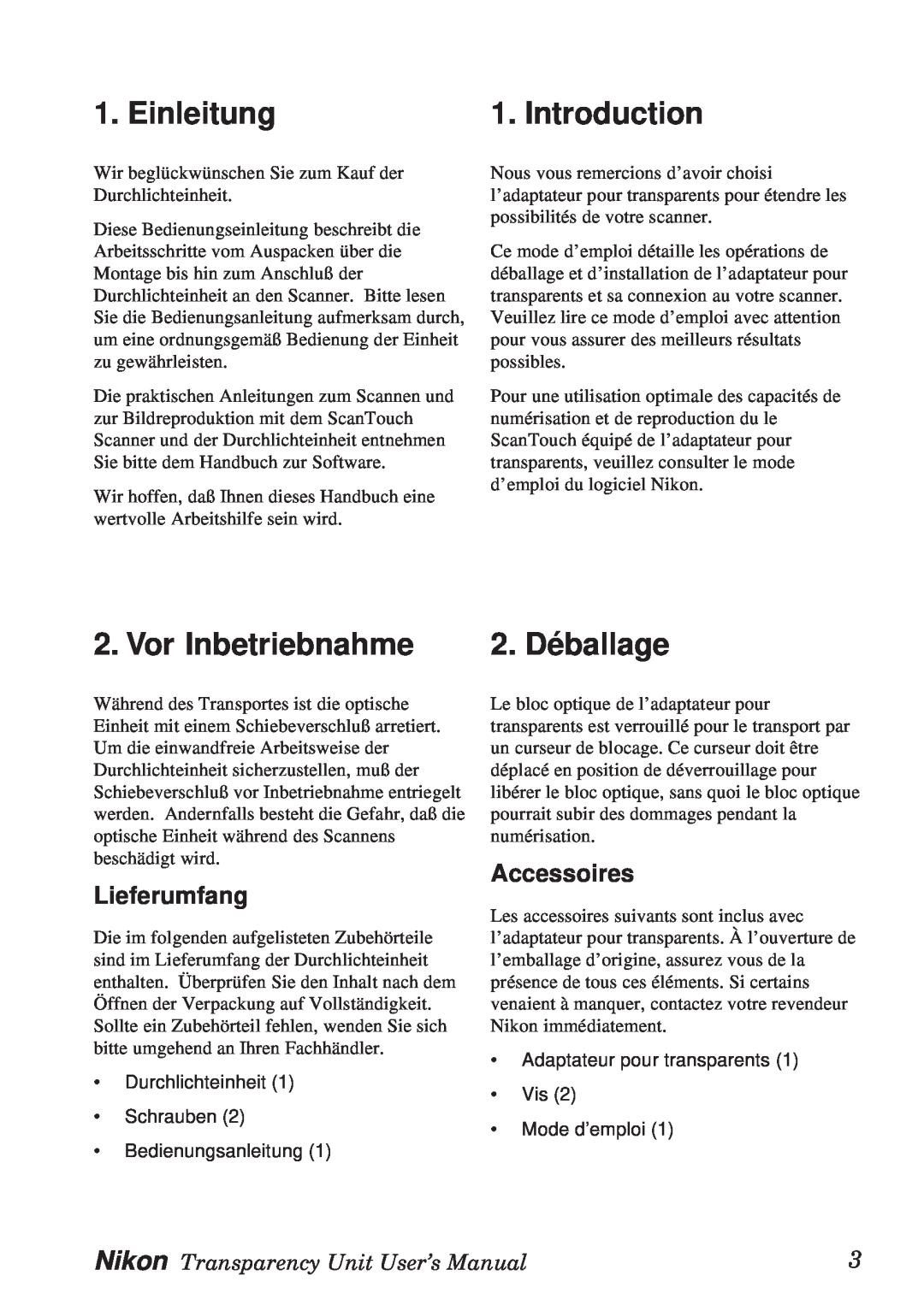 Nikon Transparency Unit manual Einleitung, Vor Inbetriebnahme, Introduction, 2. Déballage, Lieferumfang, Accessoires 