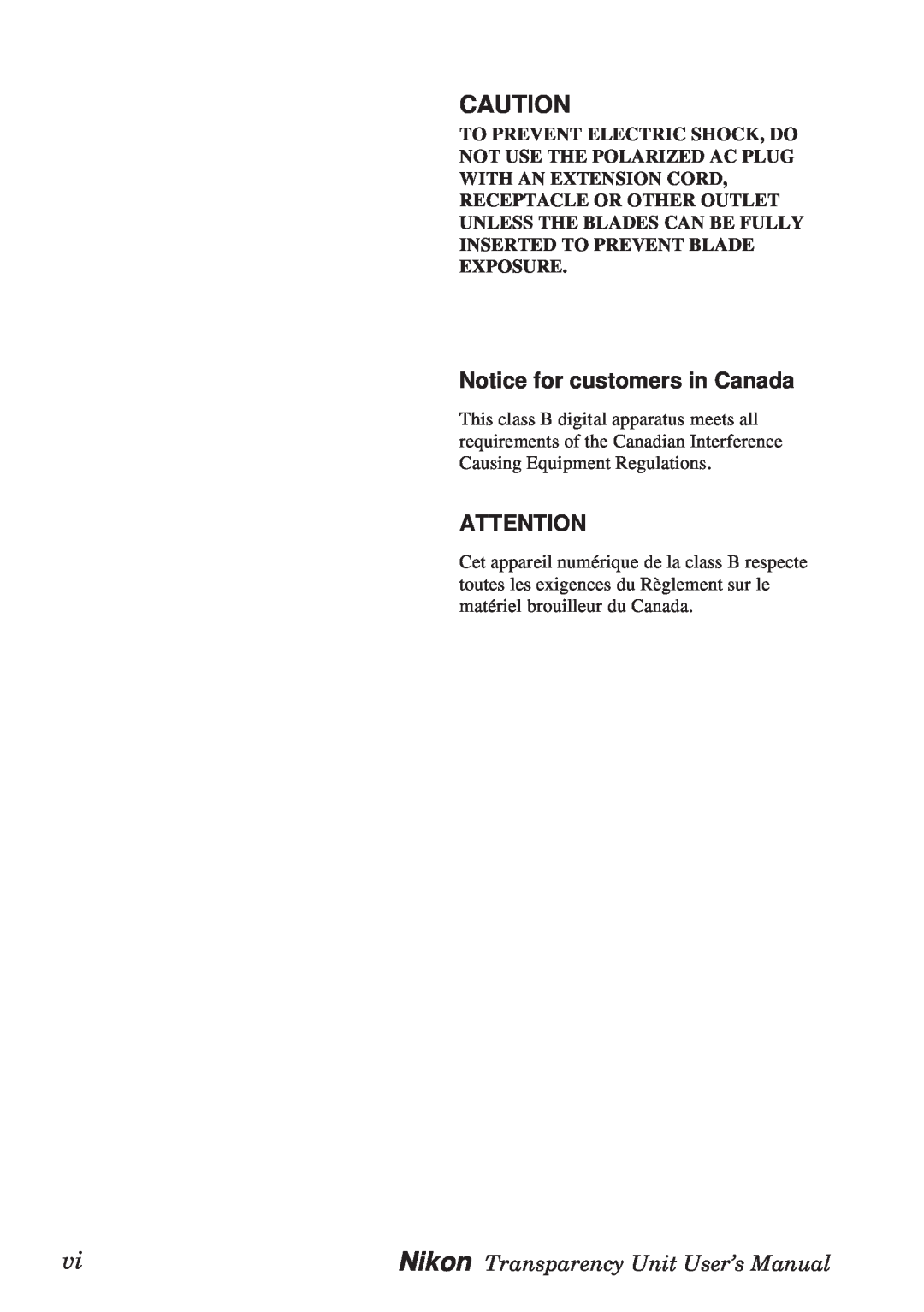 Nikon manual Notice for customers in Canada, Nikon Transparency Unit User’s Manual 