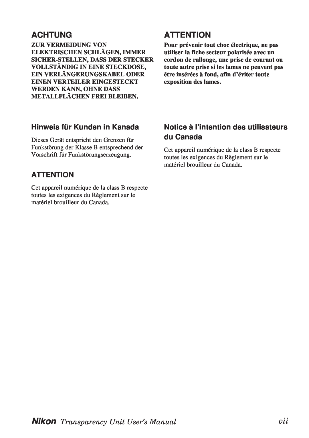 Nikon Transparency Unit manual Achtung, Hinweis für Kunden in Kanada, Notice à l’intention des utilisateurs du Canada 