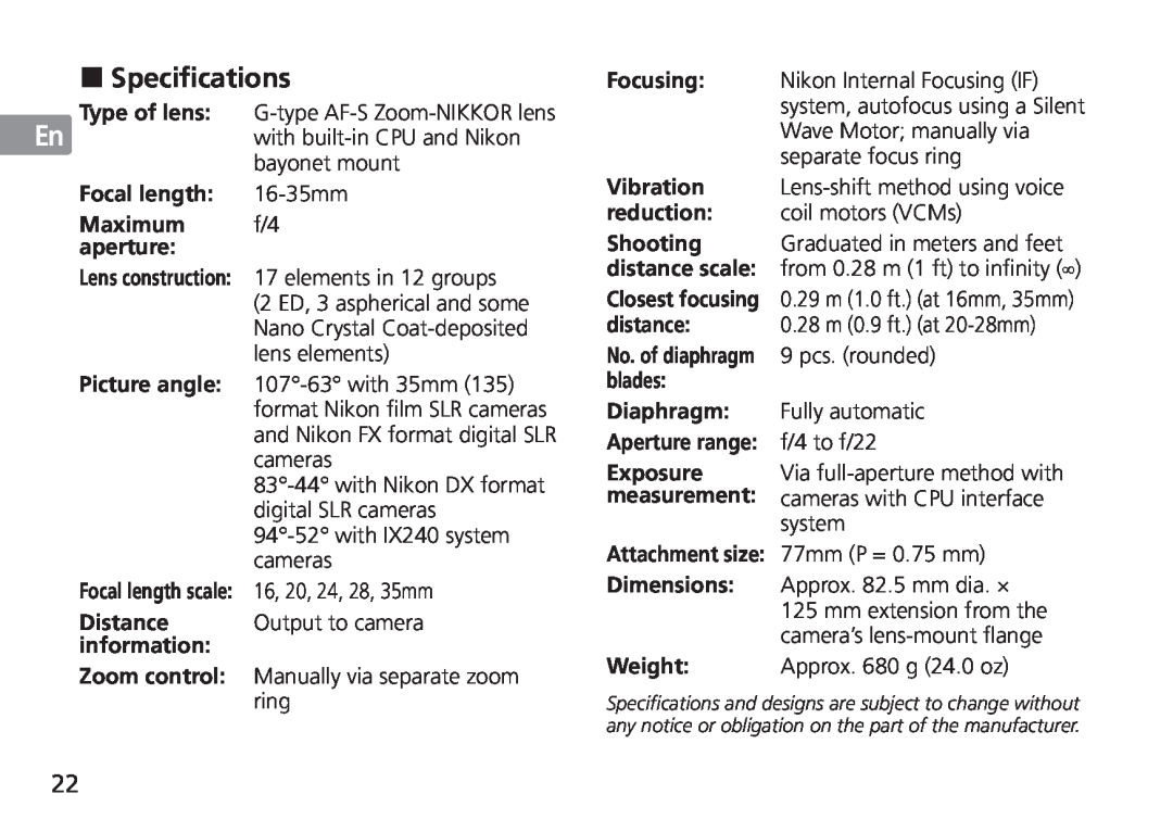 Nikon TT9J02(E3) manual Specifications, Jp En De Fr Es Se Ru Nl It Cz Sk Ck Ch Kr 