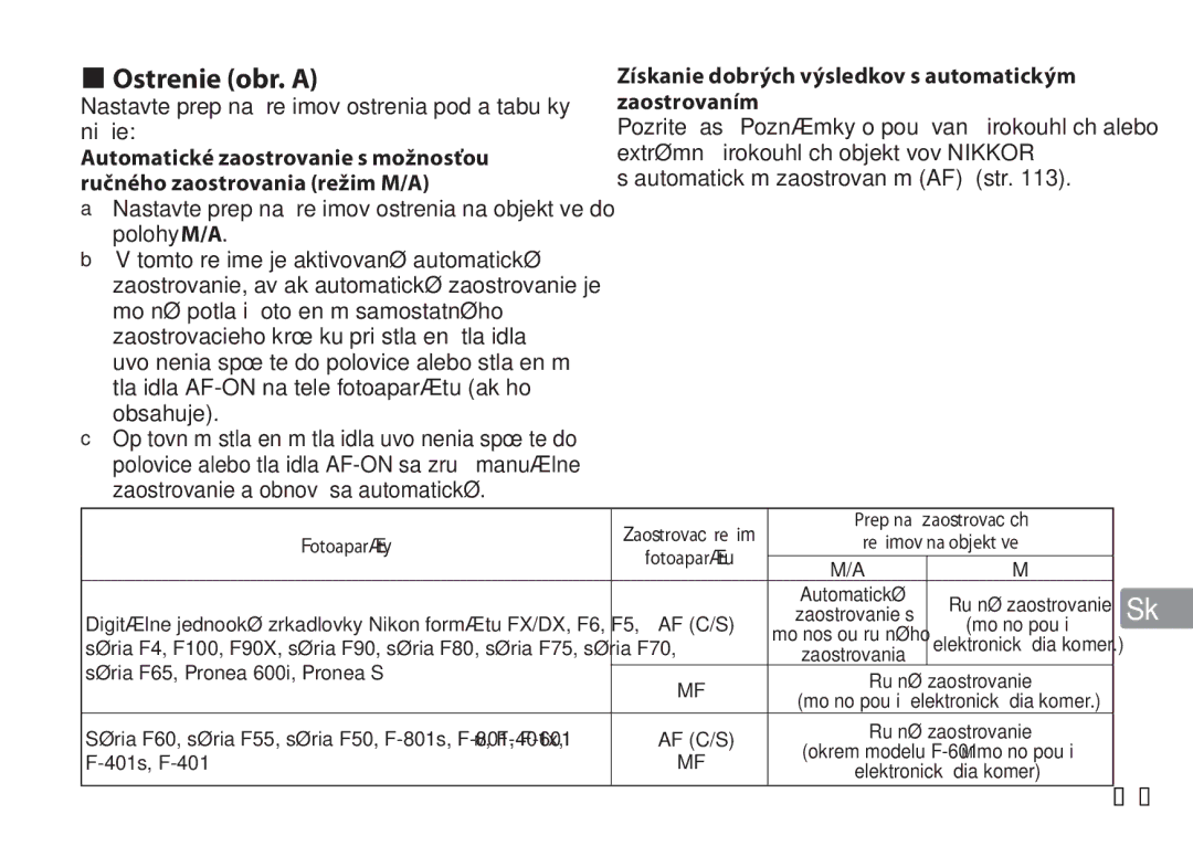 Nikon TT9J02(E3) manual Ostrenie obr. a, 107, Automatické zaostrovanie s možnosťou, Ručného zaostrovania režim M/A 