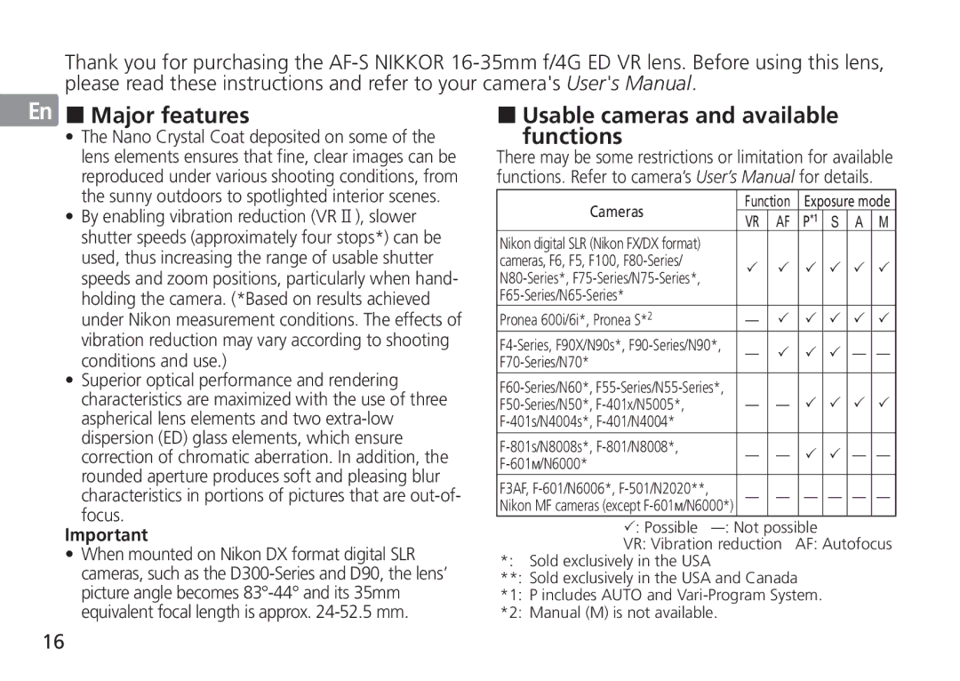 Nikon TT9J02(E3) manual Major features, Usable cameras and available functions 