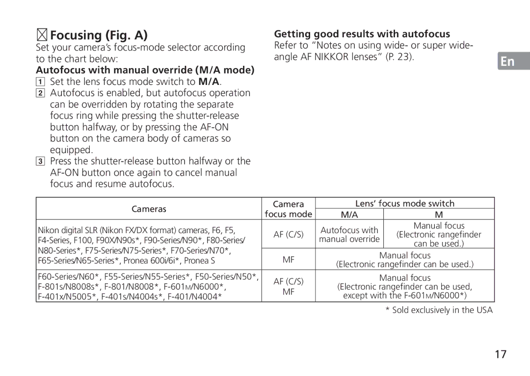 Nikon TT9J02(E3) Focusing Fig. a, Autofocus with manual override M/A mode, Getting good results with autofocus 