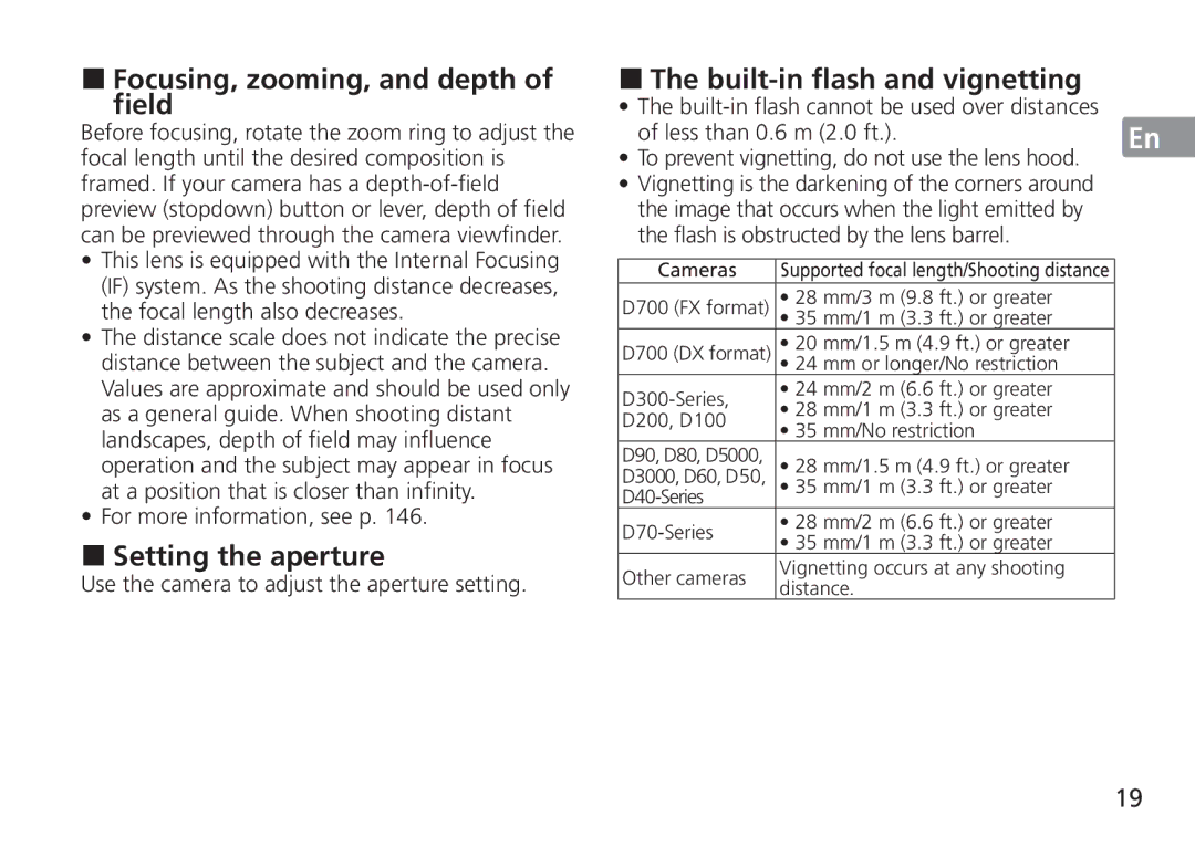 Nikon TT9J02(E3) manual Focusing, zooming, and depth of field, Setting the aperture, Built-in flash and vignetting 