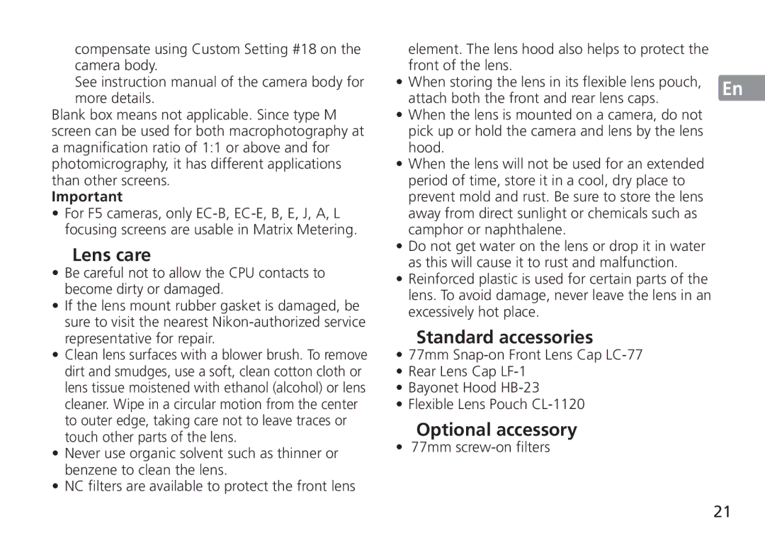 Nikon TT9J02(E3) manual Lens care, Standard accessories, Optional accessory, 77mm screw-on filters 