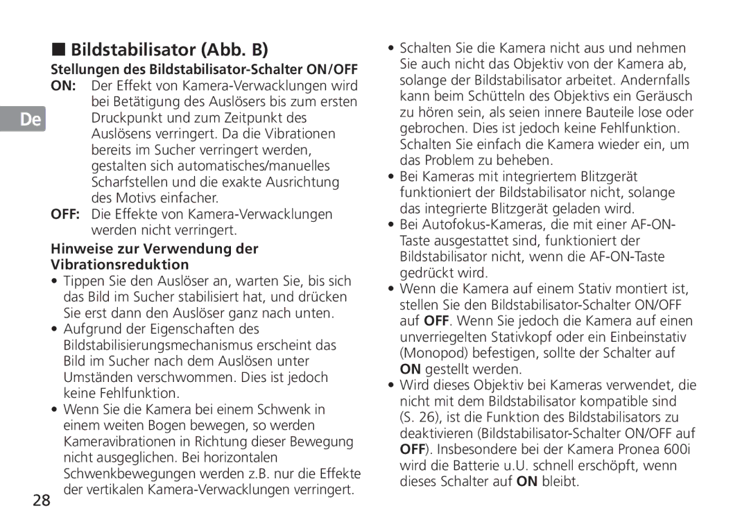 Nikon TT9J02(E3) manual Bildstabilisator Abb. B, Ru Hinweise zur Verwendung der, Vibrationsreduktion 