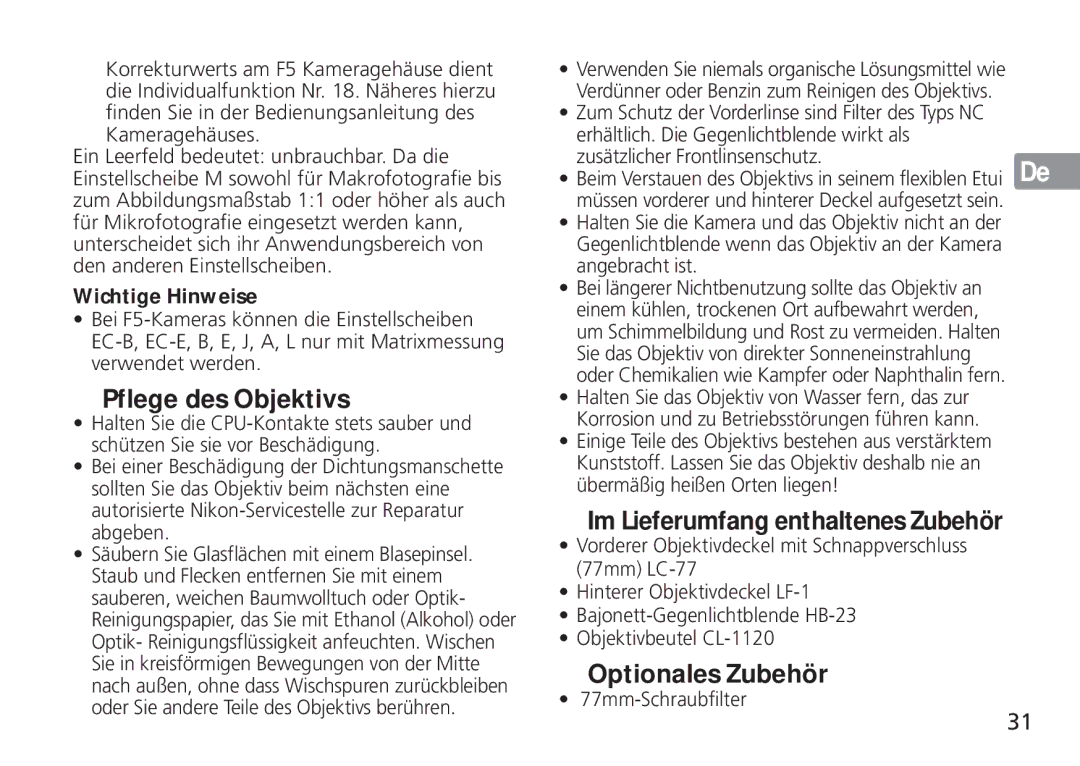 Nikon TT9J02(E3) manual Pflege des Objektivs, Optionales Zubehör, 77mm-Schraubfilter 