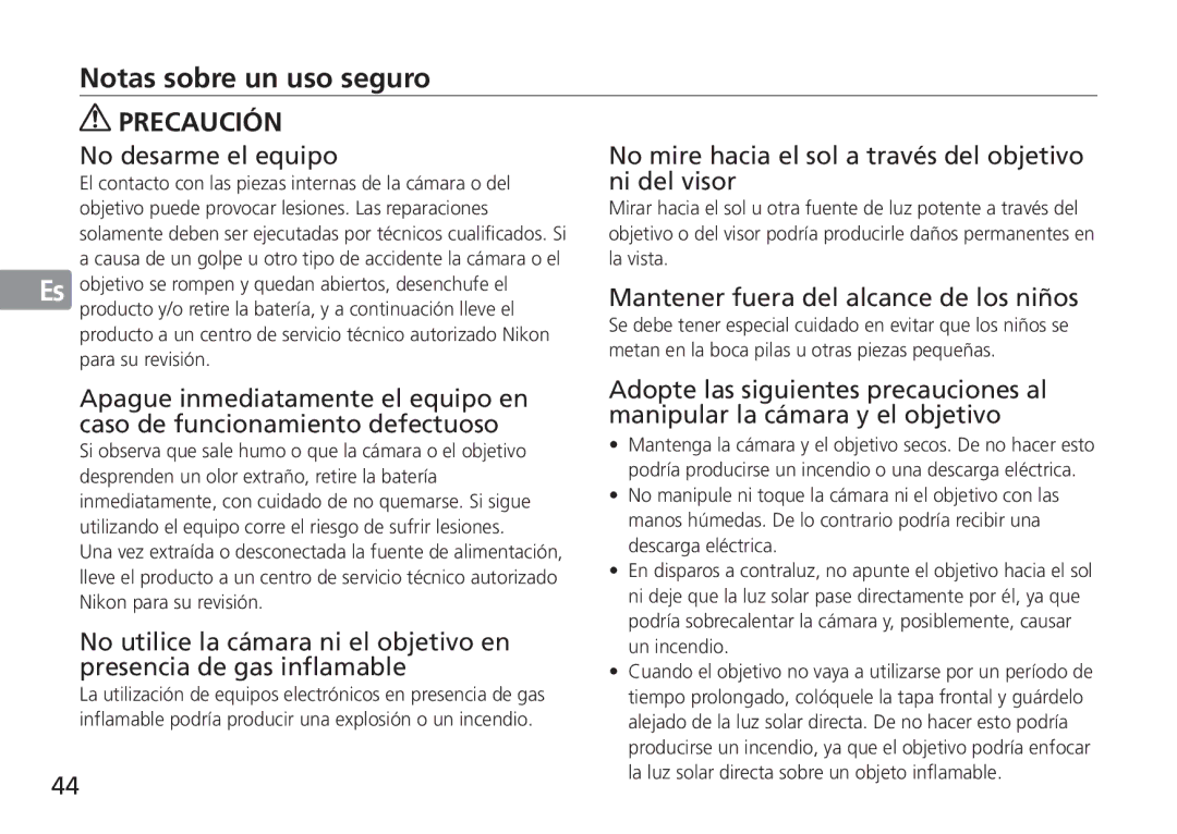 Nikon TT9J02(E3) manual Notas sobre un uso seguro, Ni del visor, Mantener fuera del alcance de los niños 