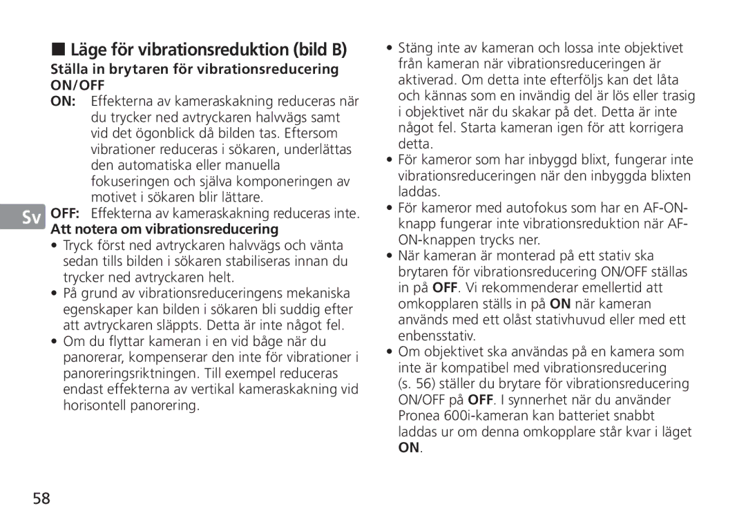 Nikon TT9J02(E3) manual Läge för vibrationsreduktion bild B, Ställa in brytaren för vibrationsreducering 