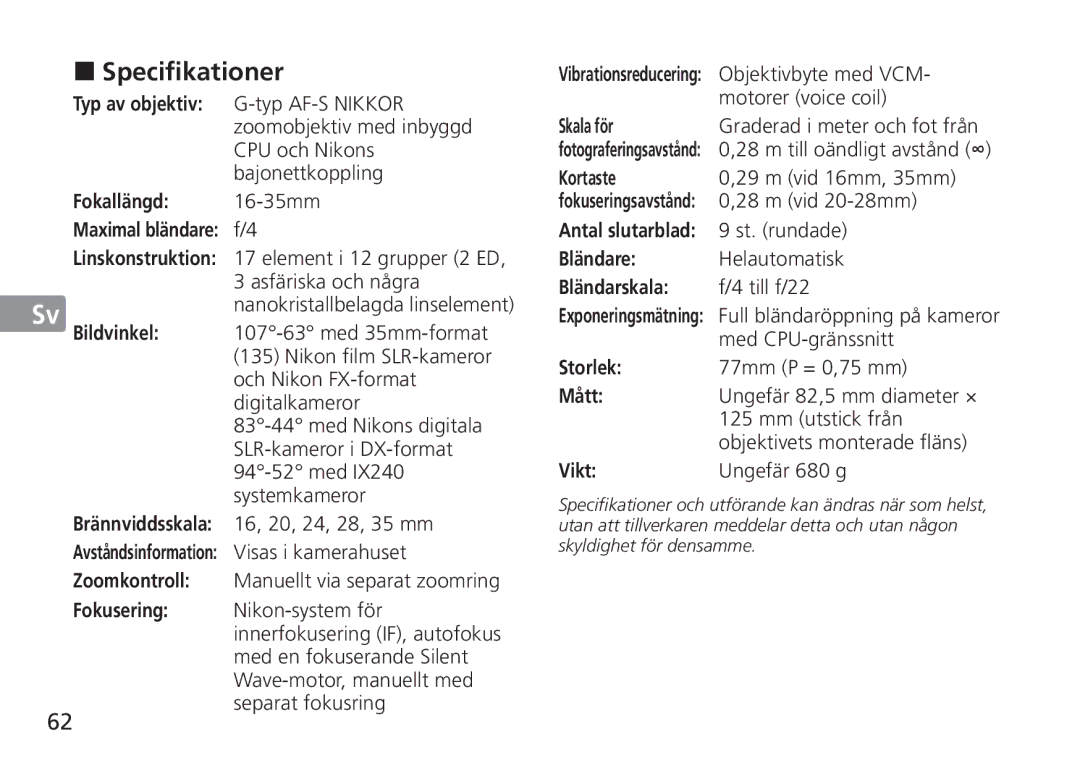 Nikon TT9J02(E3) manual Specifikationer 