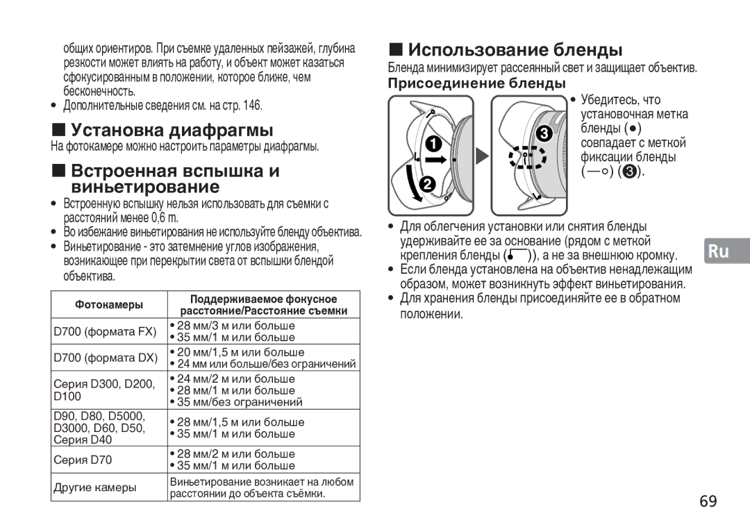 Nikon TT9J02(E3) Использование бленды, Установка диафрагмы, Встроенная вспышка и, Виньетирование, Присоединение бленды 