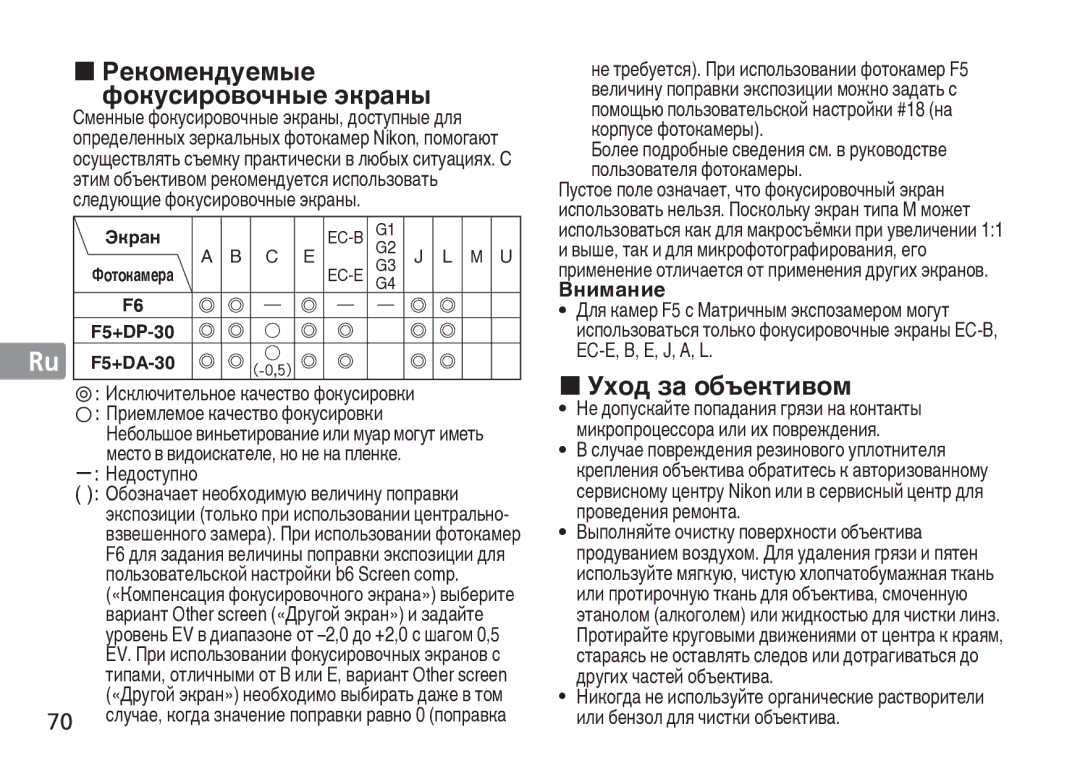 Nikon TT9J02(E3) manual Рекомендуемые Фокусировочные экраны, Уход за объективом, Исключительное качество фокусировки 