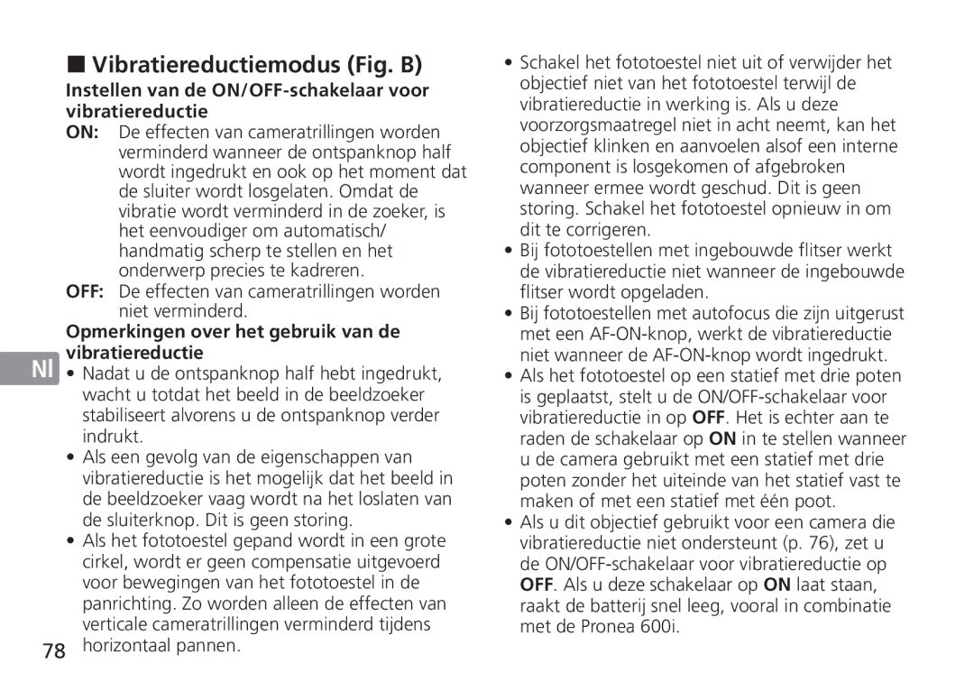 Nikon TT9J02(E3) manual Vibratiereductiemodus Fig. B, Instellen van de ON/OFF-schakelaar voor, En vibratiereductie 