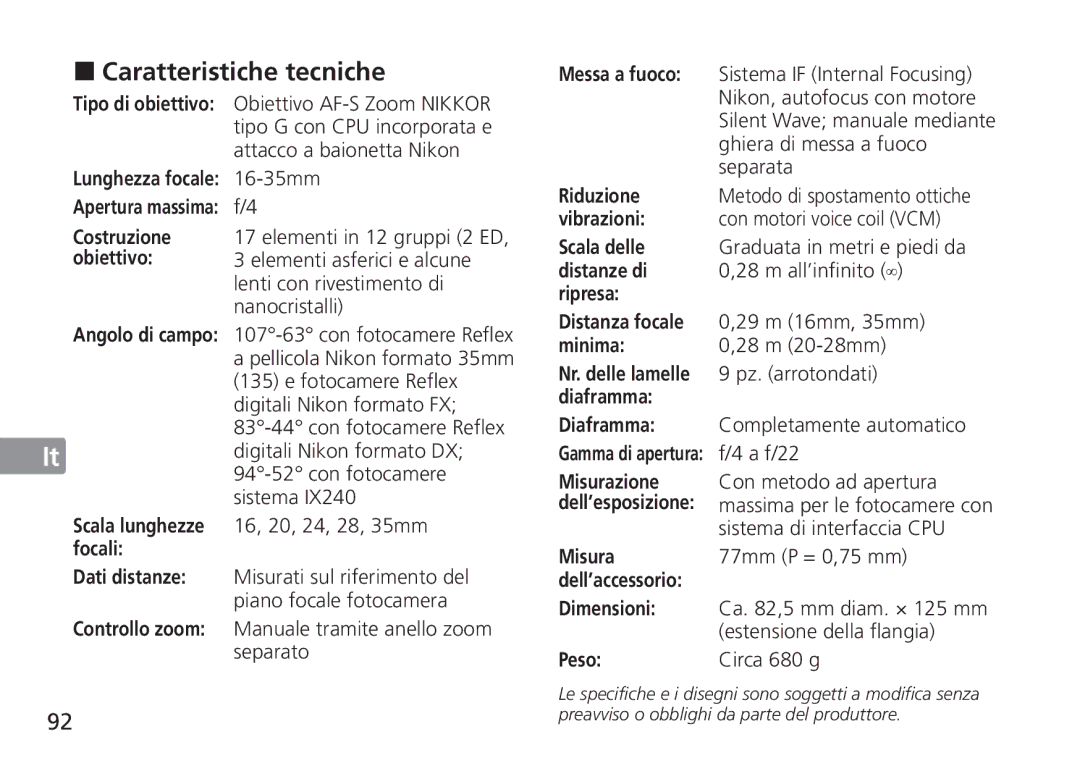 Nikon TT9J02(E3) manual Caratteristiche tecniche 