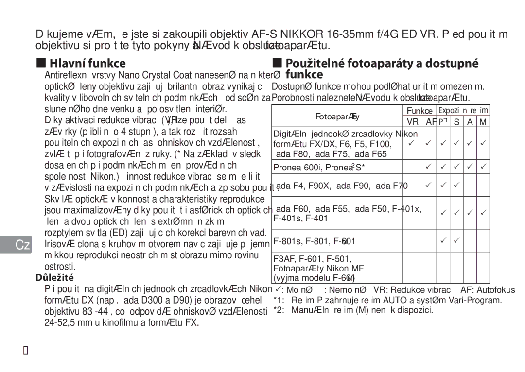 Nikon TT9J02(E3) manual Hlavní funkce, Použitelné fotoaparáty a dostupné funkce, Důležité, Fotoaparáty Funkce 