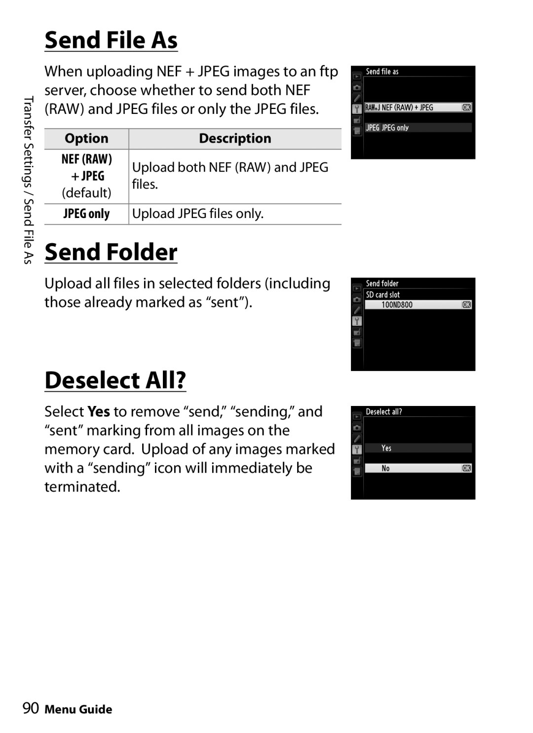 Nikon UT-1 user manual Send File As, Send Folder, Deselect All?, Files, Upload Jpeg files only 