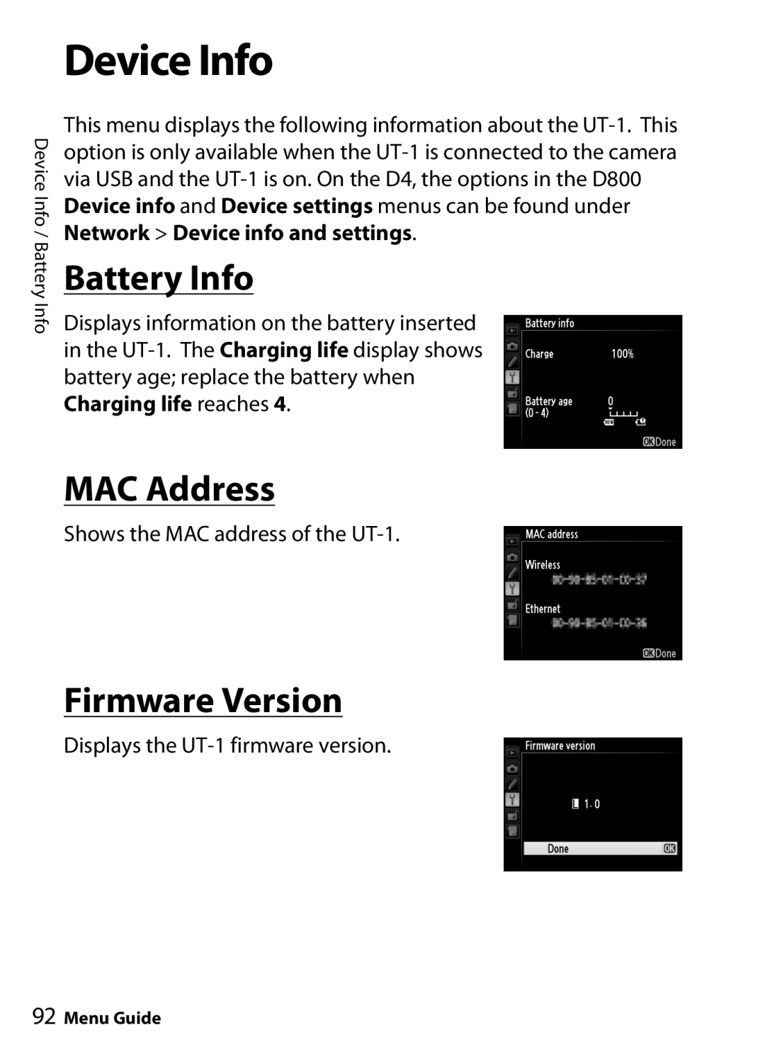 Nikon UT-1 user manual Device Info, Battery Info, MAC Address, Firmware Version 