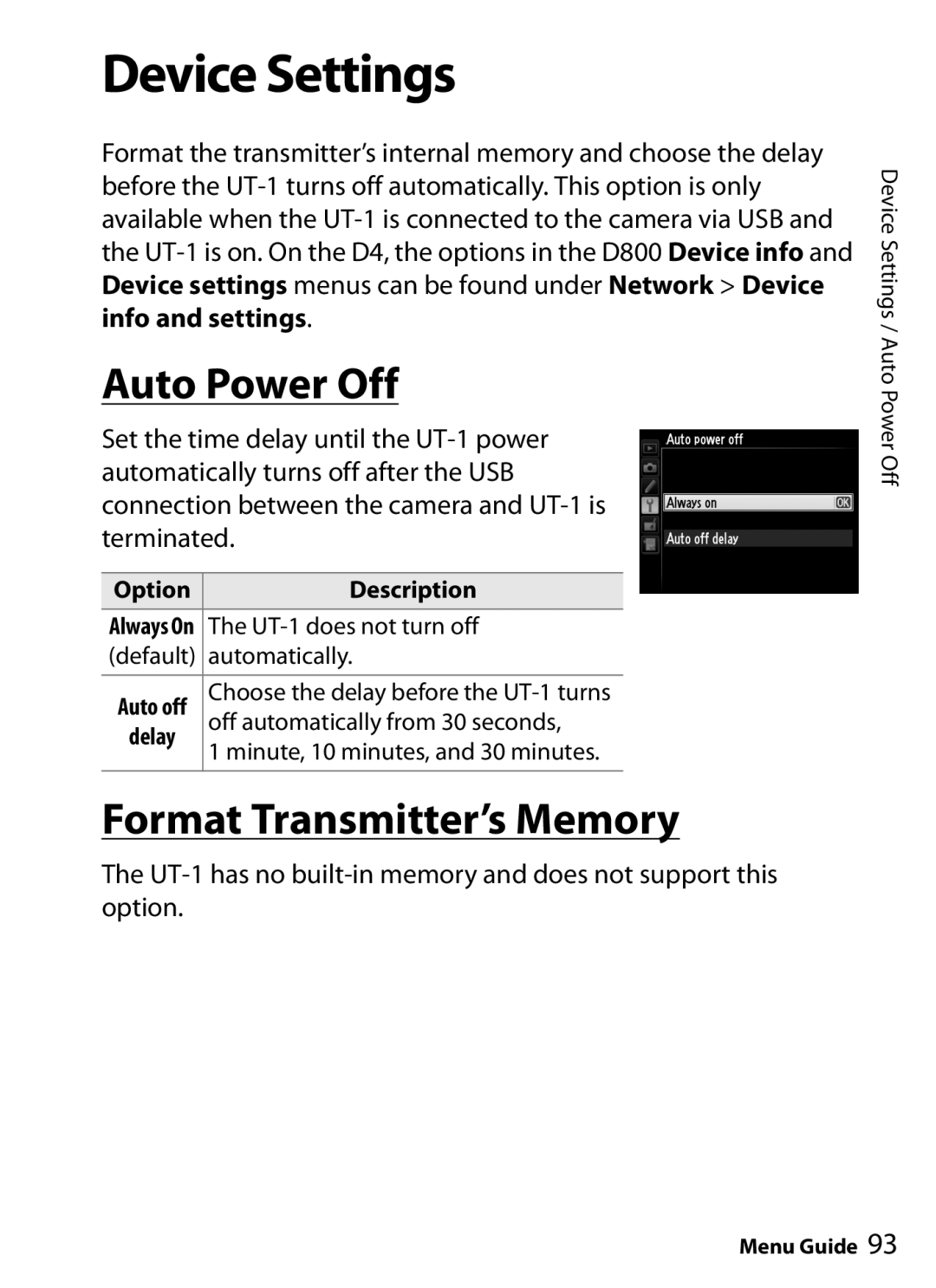 Nikon UT-1 user manual Device Settings, Auto Power Off, Format Transmitter’s Memory 