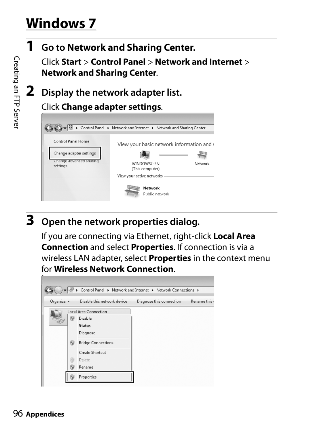 Nikon UT-1 Windows, Go to Network and Sharing Center, Display the network adapter list, Open the network properties dialog 