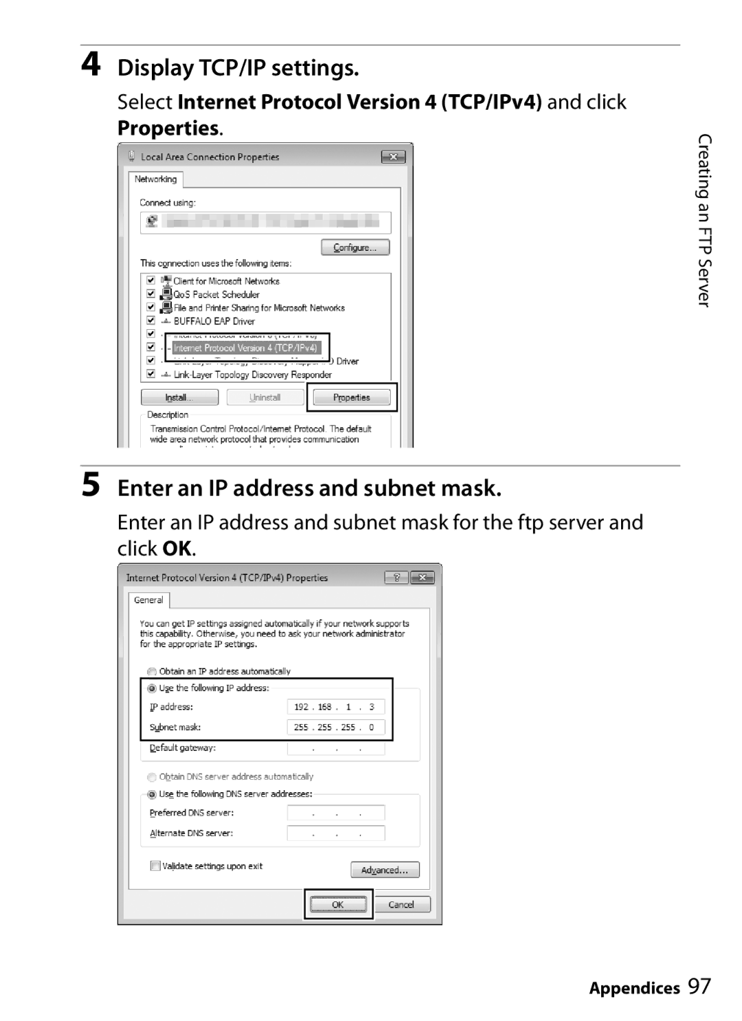 Nikon UT-1 user manual Display TCP/IP settings, Enter an IP address and subnet mask 