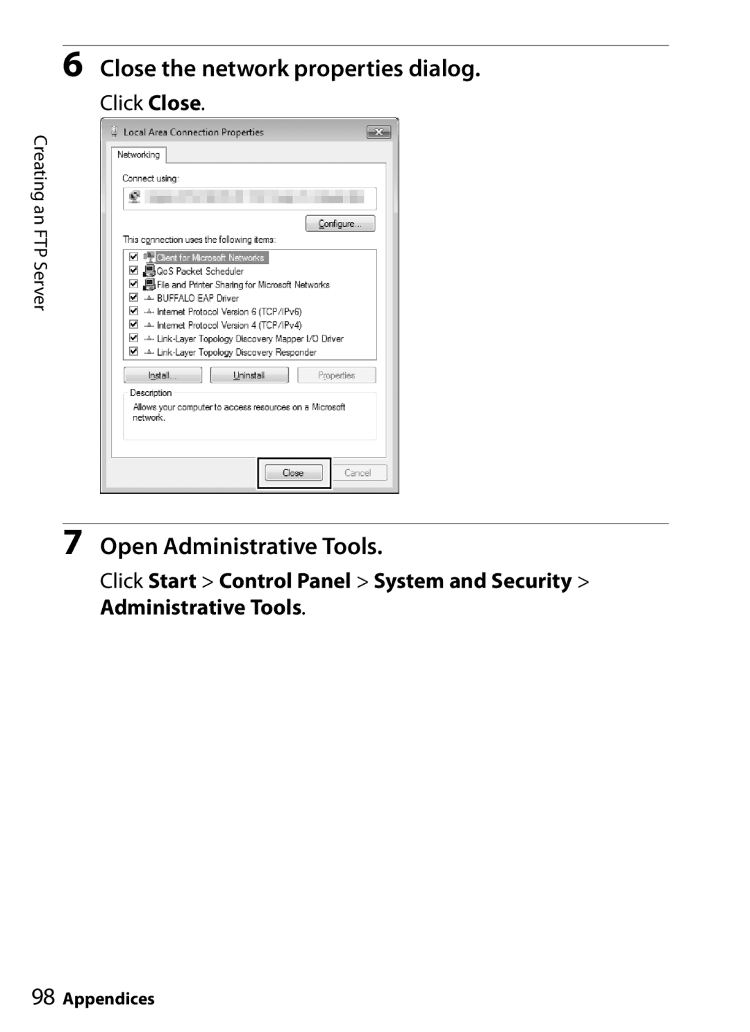 Nikon UT-1 user manual Close the network properties dialog, Open Administrative Tools 