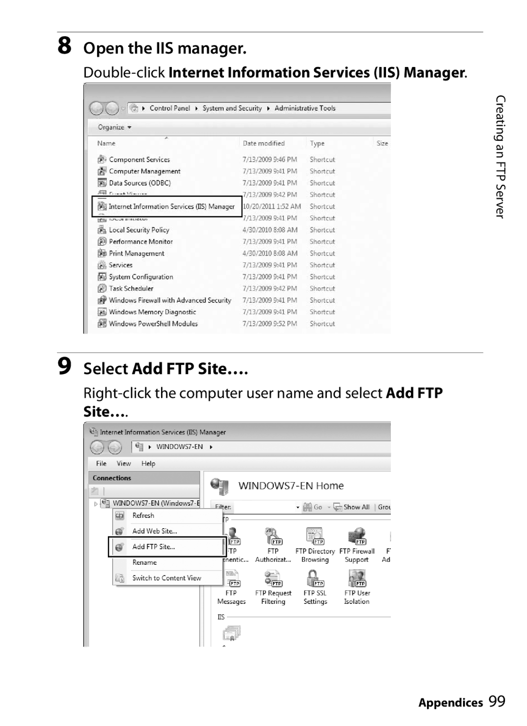 Nikon UT-1 user manual Open the IIS manager, Select Add FTP Site…, Double-clickInternet Information Services IIS Manager 