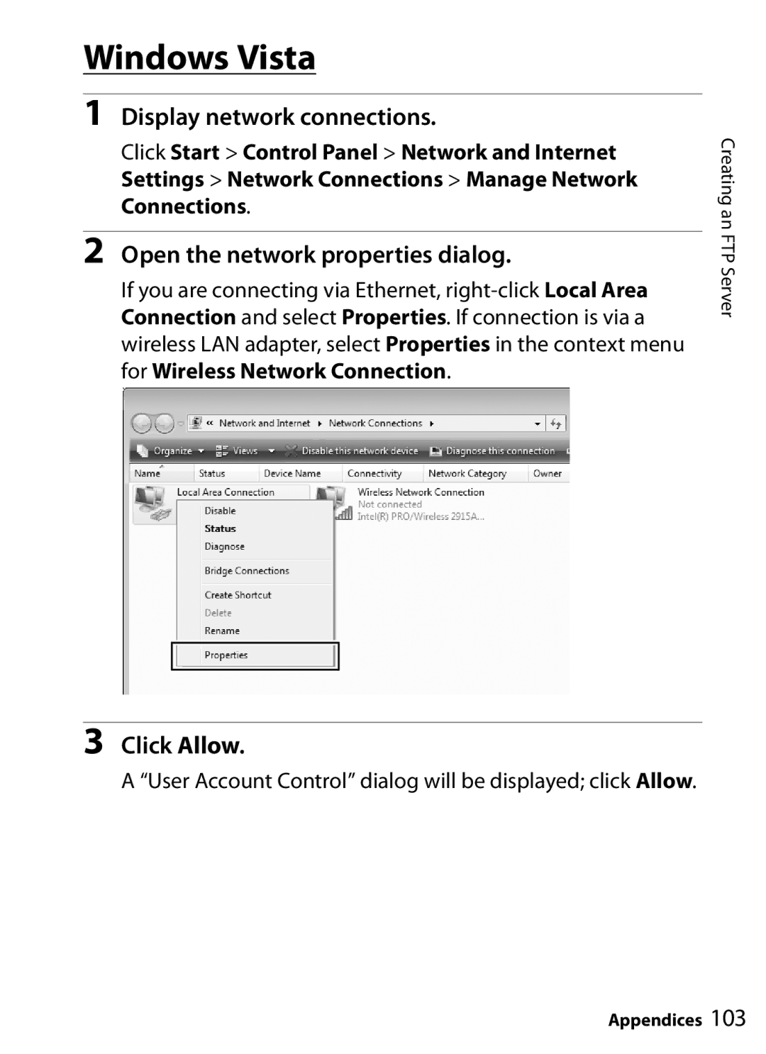 Nikon UT-1 user manual Windows Vista, Display network connections, Click Allow 