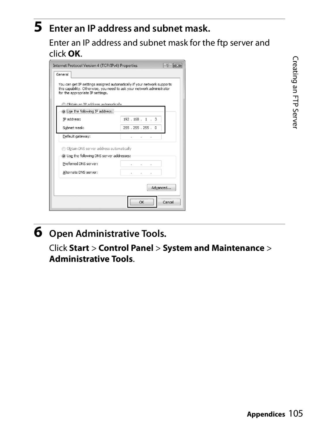 Nikon UT-1 user manual Enter an IP address and subnet mask for the ftp server 