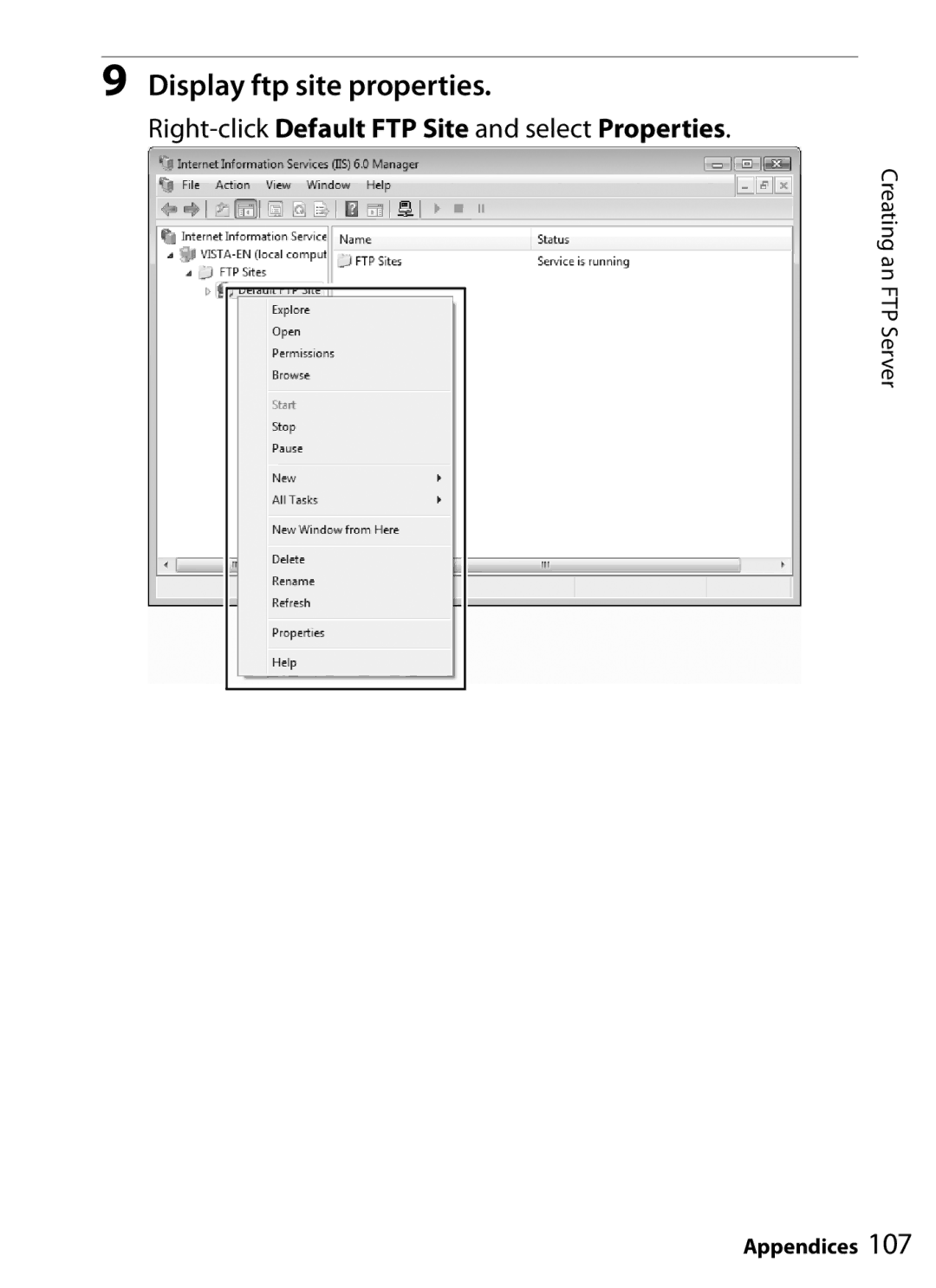 Nikon UT-1 user manual Display ftp site properties, Right-clickDefault FTP Site and select Properties 