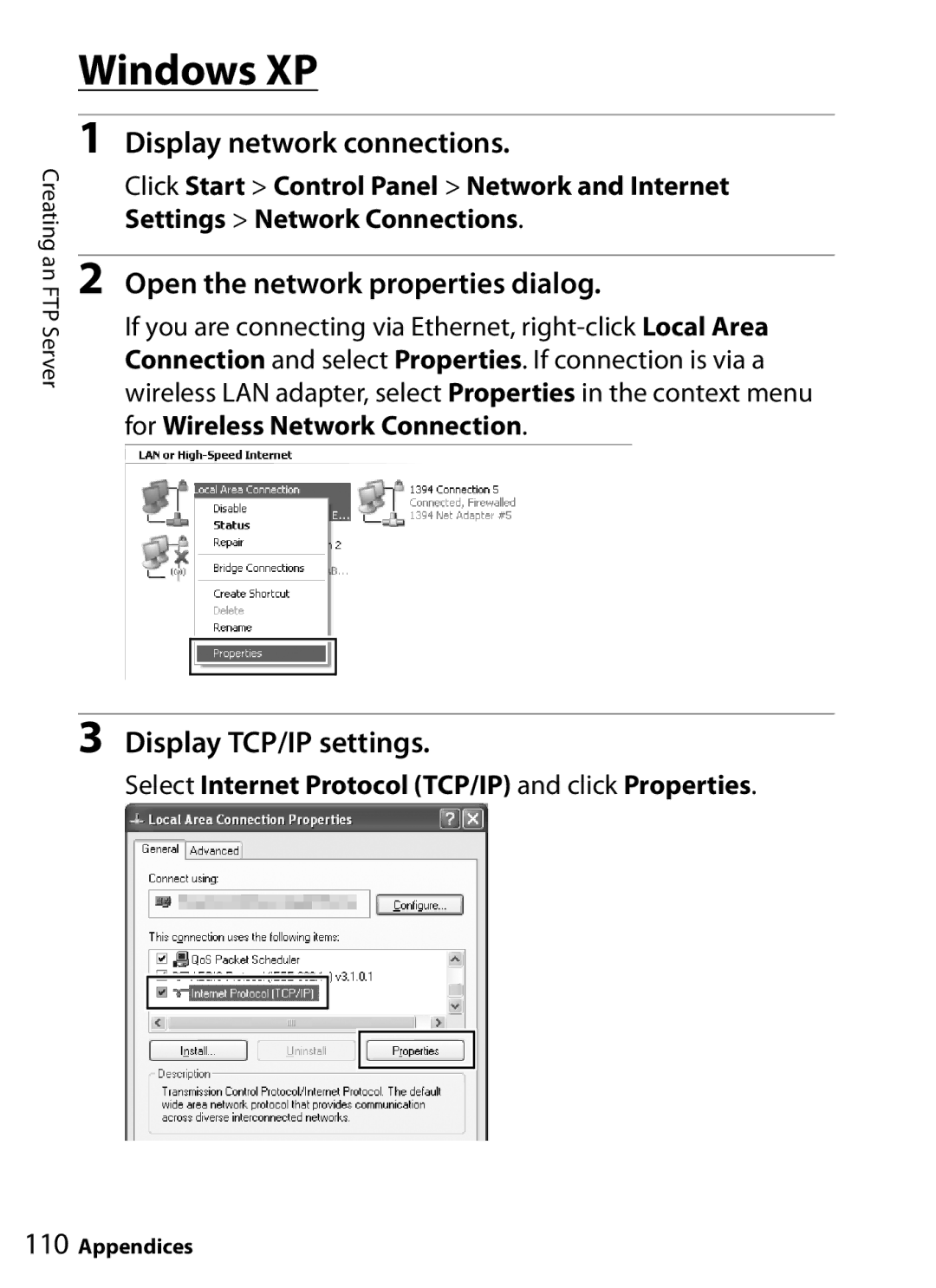 Nikon UT-1 user manual Windows XP, Select Internet Protocol TCP/IP and click Properties 