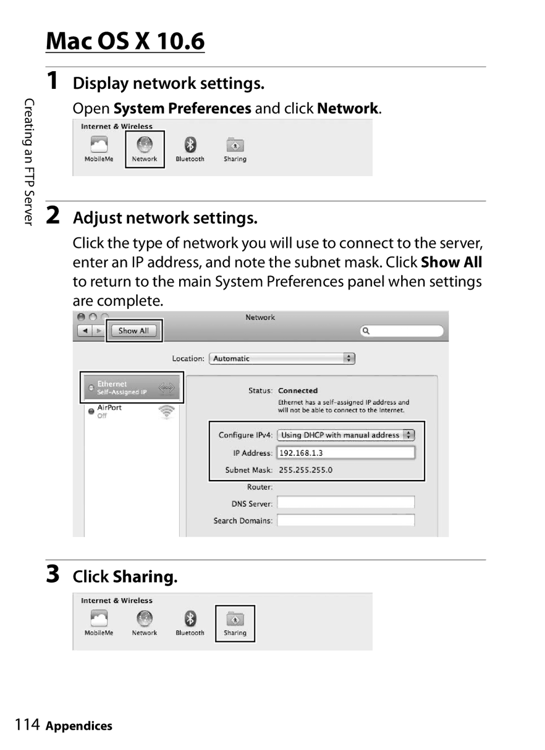 Nikon UT-1 user manual Mac OS X, Display network settings, Adjust network settings, Click Sharing 