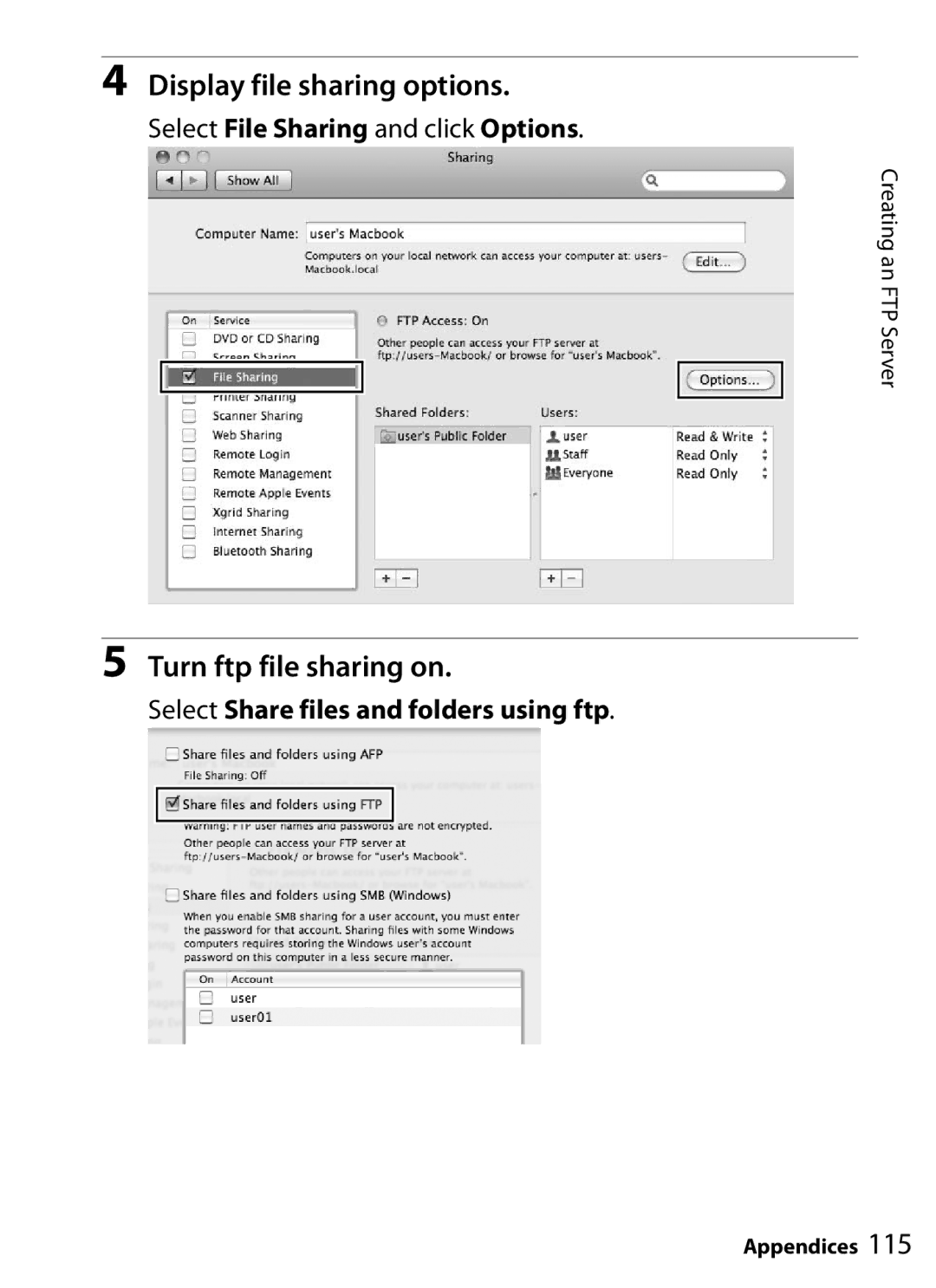 Nikon UT-1 user manual Display file sharing options, Turn ftp file sharing on, Select File Sharing and click Options 