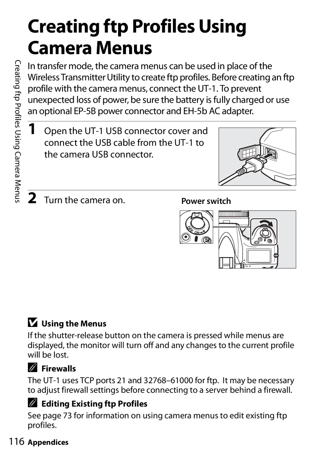 Nikon UT-1 user manual Creating ftp Profiles Using Camera Menus, Firewalls, Editing Existing ftp Profiles 