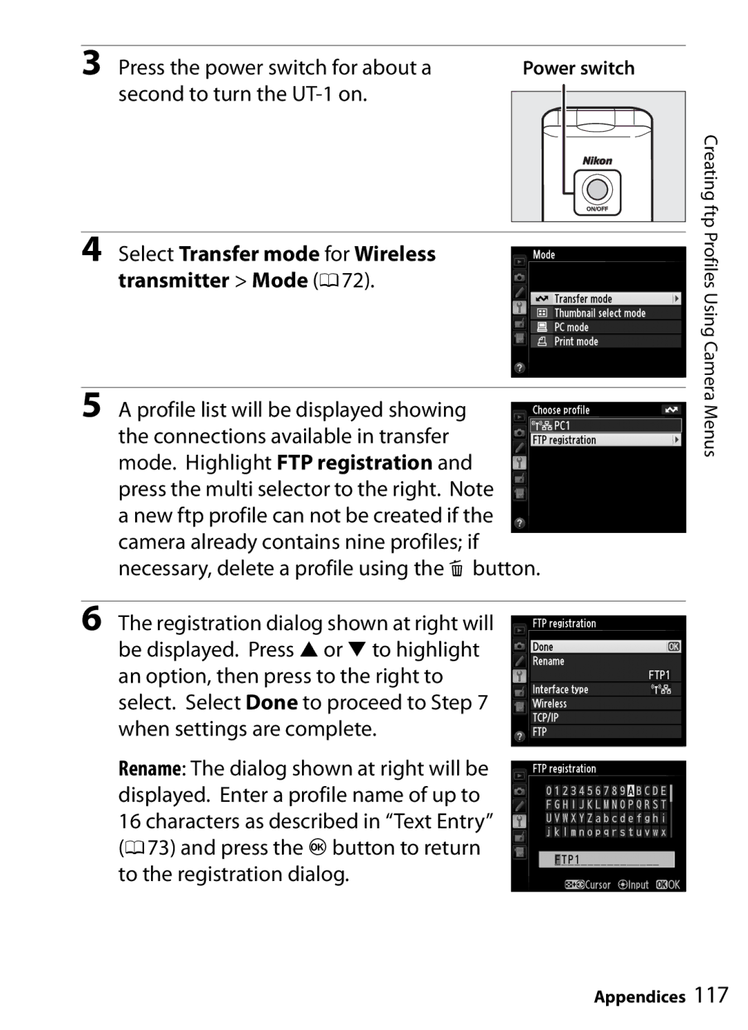 Nikon UT-1 user manual Power switch, Select Transfer mode for Wireless transmitter Mode 