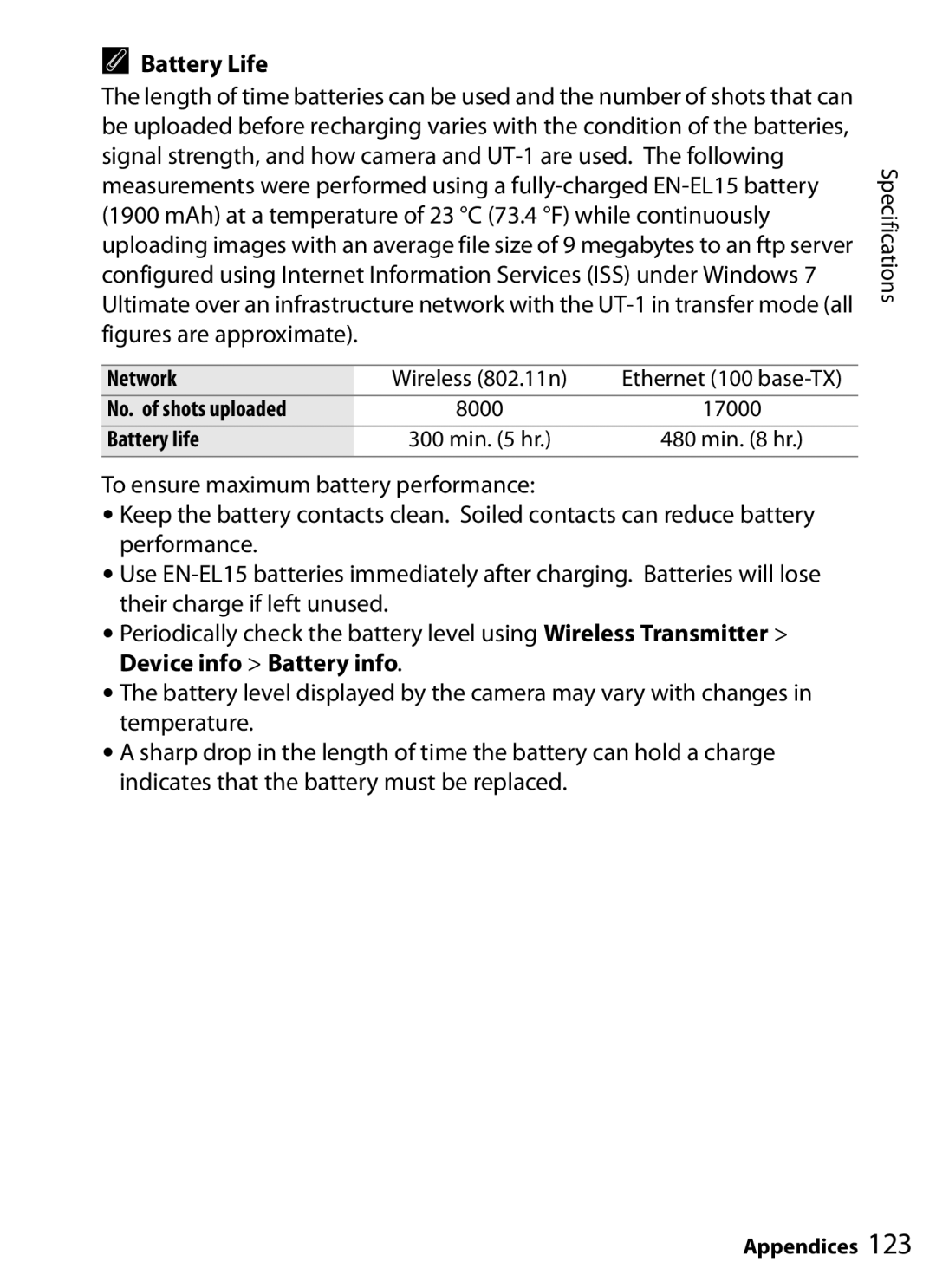 Nikon UT-1 user manual Battery Life 