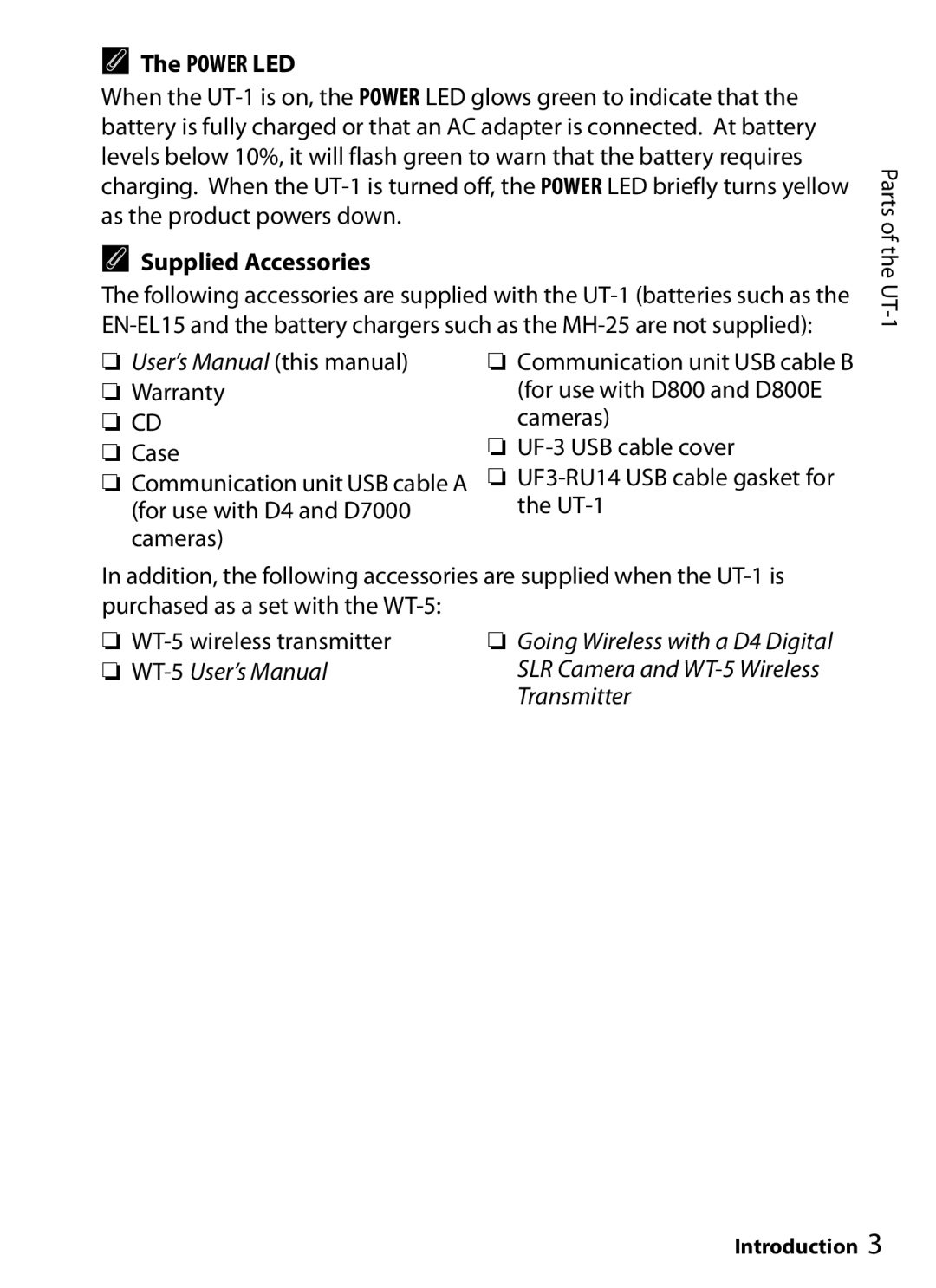 Nikon UT-1 user manual Power LED, Supplied Accessories 