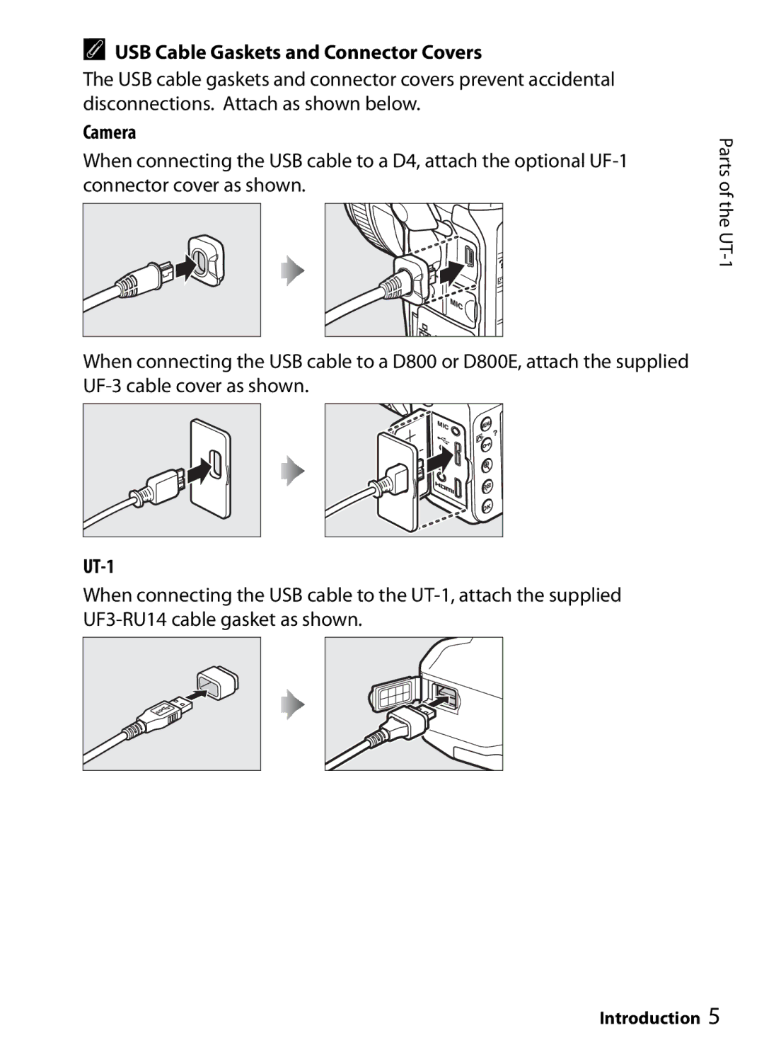 Nikon UT-1 user manual USB Cable Gaskets and Connector Covers, Camera 