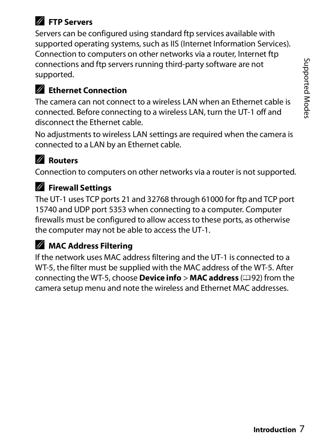 Nikon UT-1 user manual FTP Servers, Ethernet Connection, Routers, Firewall Settings, MAC Address Filtering 