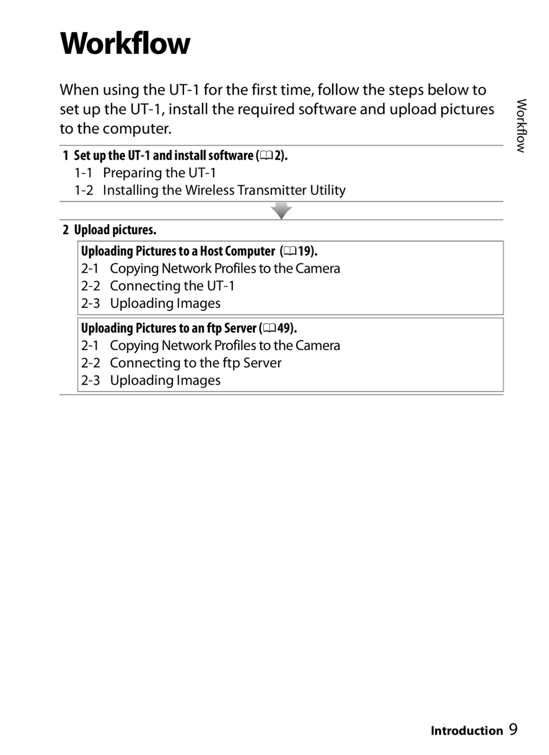 Nikon user manual Workflow, Set up the UT-1 and install software, Upload pictures Uploading Pictures to a Host Computer 