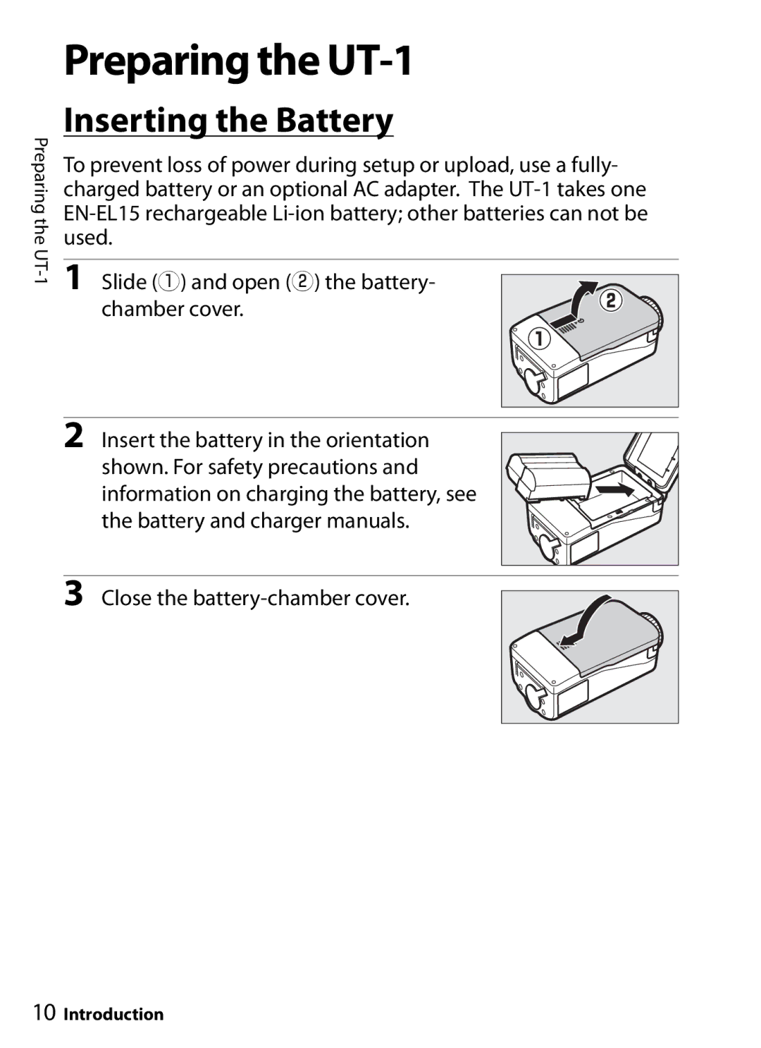 Nikon user manual Preparing the UT-1, Inserting the Battery 