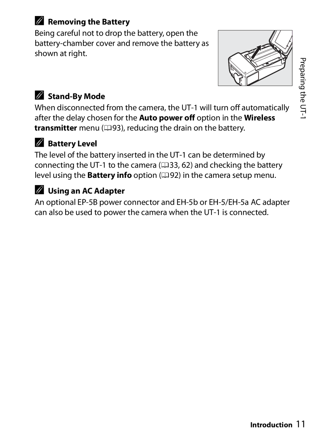 Nikon UT-1 user manual Removing the Battery, Stand-By Mode, Battery Level, Using an AC Adapter 