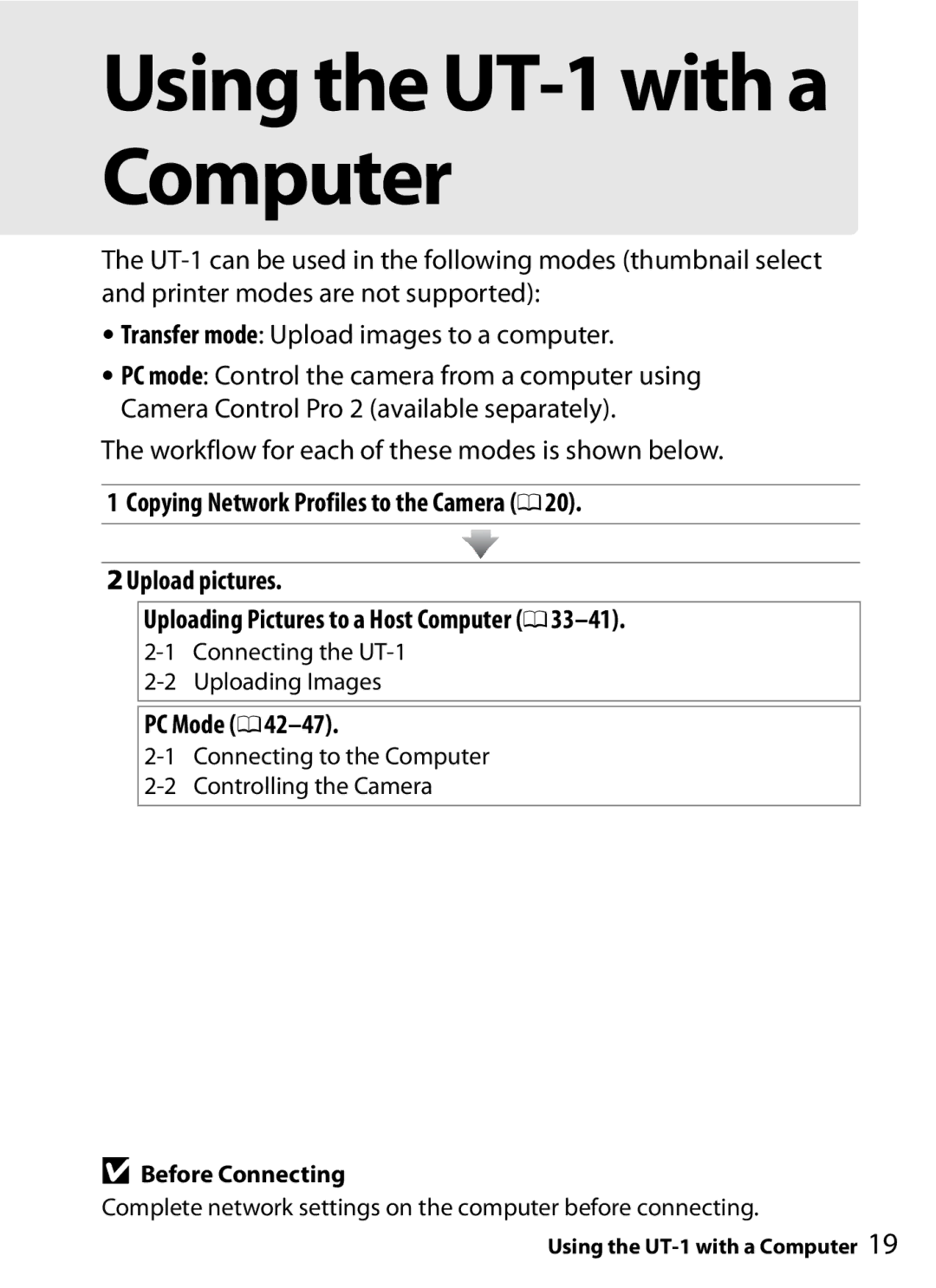 Nikon UT-1 user manual PC Mode, Before Connecting 