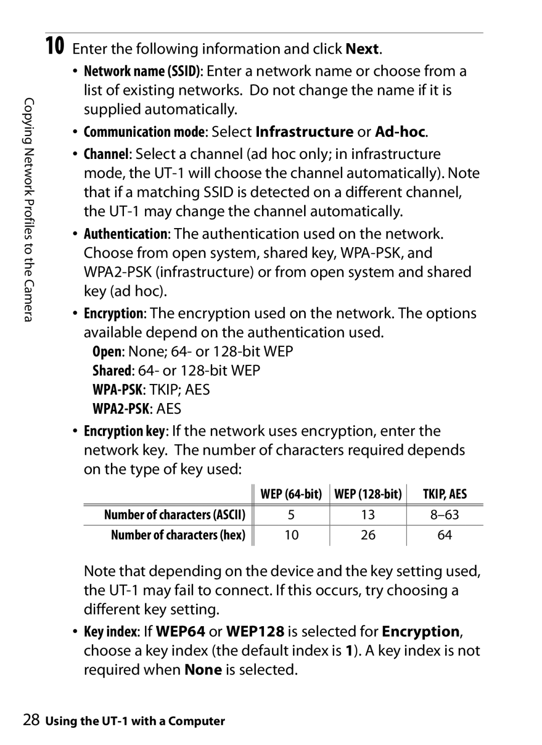 Nikon UT-1 user manual Communication mode Select Infrastructure or Ad-hoc, WPA2-PSK AES 