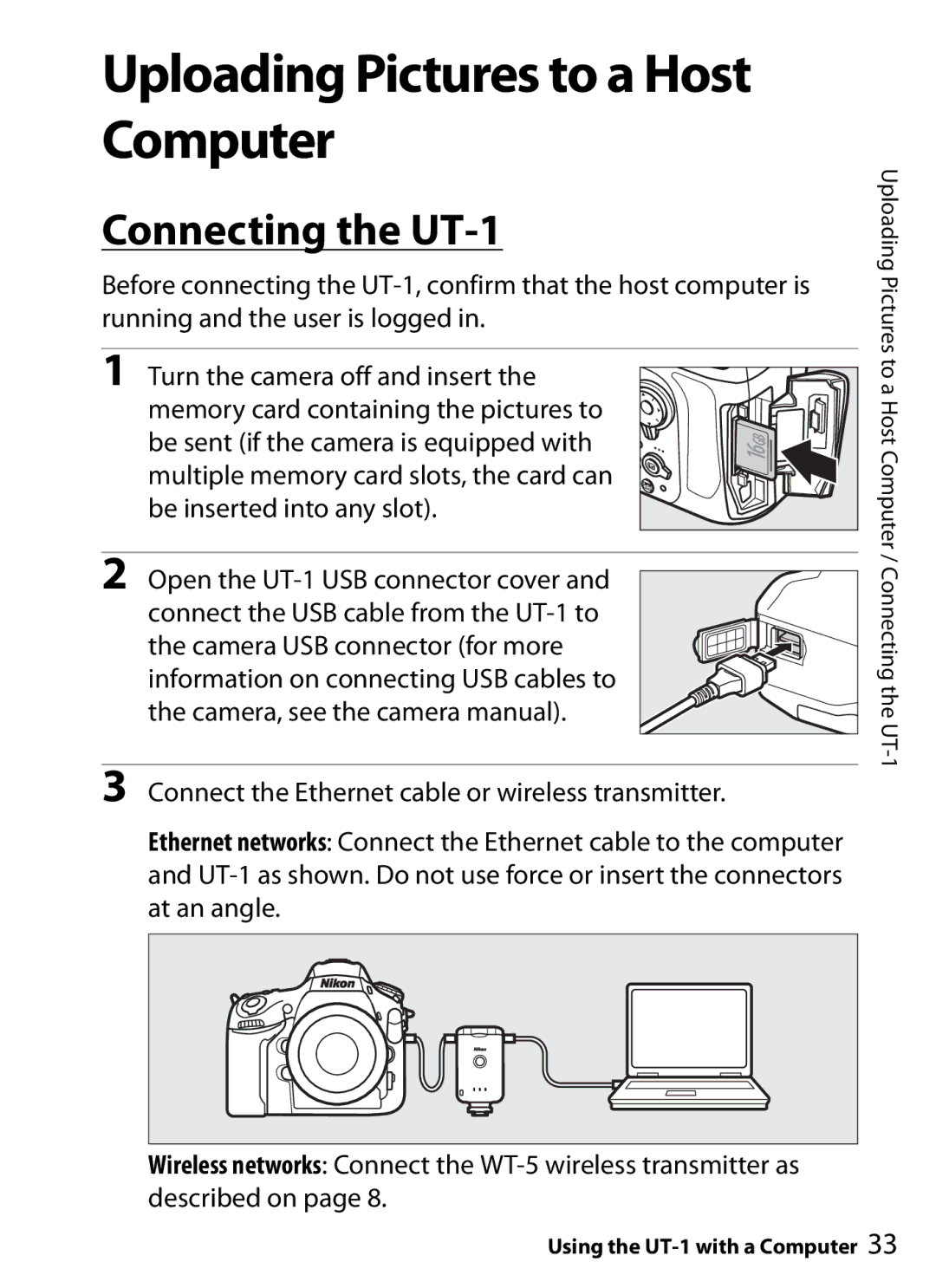 Nikon user manual Uploading Pictures to a Host Computer, Connecting the UT-1 