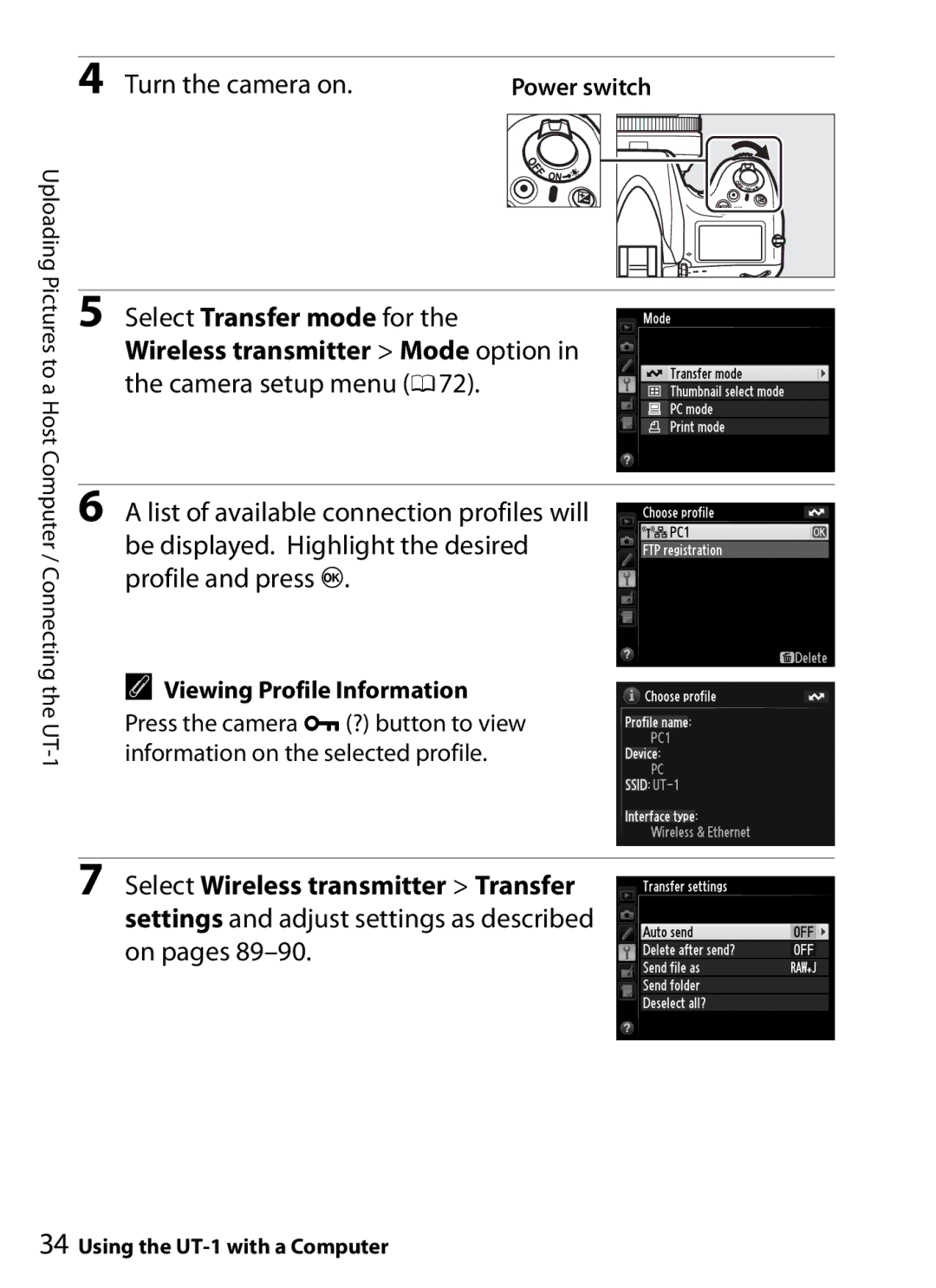 Nikon UT-1 user manual Turn the camera on, Wireless transmitter Mode option in the camera setup menu 